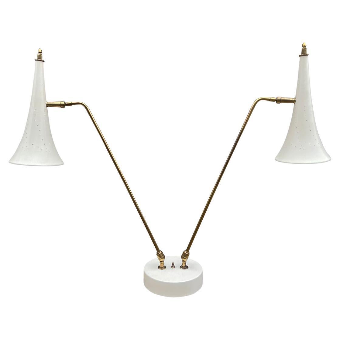 Mid Century Italian Modern Desk Lamp or Table Lamp in White & Brass by Stilnovo