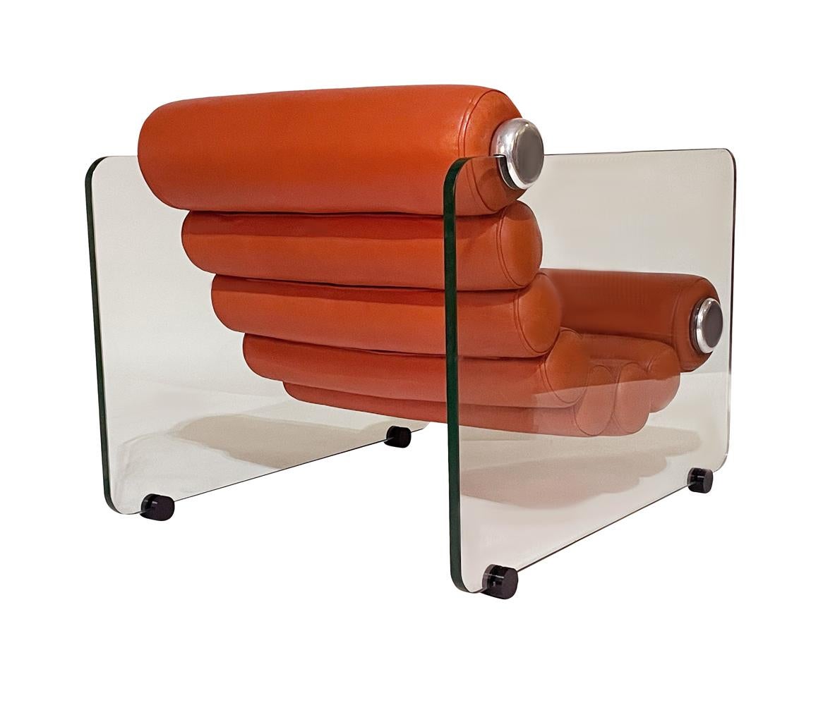 Mid Century Italian Modern Fabio Lenci Lounge Chairs in Glass & Orange Leather 5