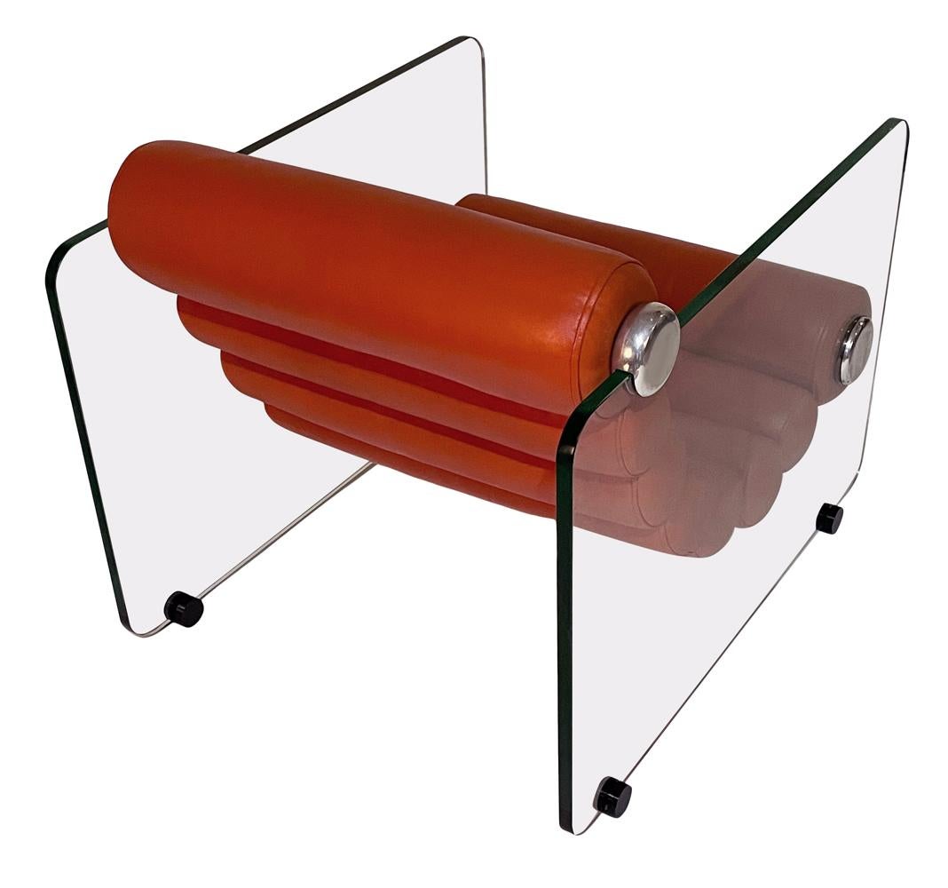 Mid Century Italian Modern Fabio Lenci Lounge Chairs in Glass & Orange Leather 7