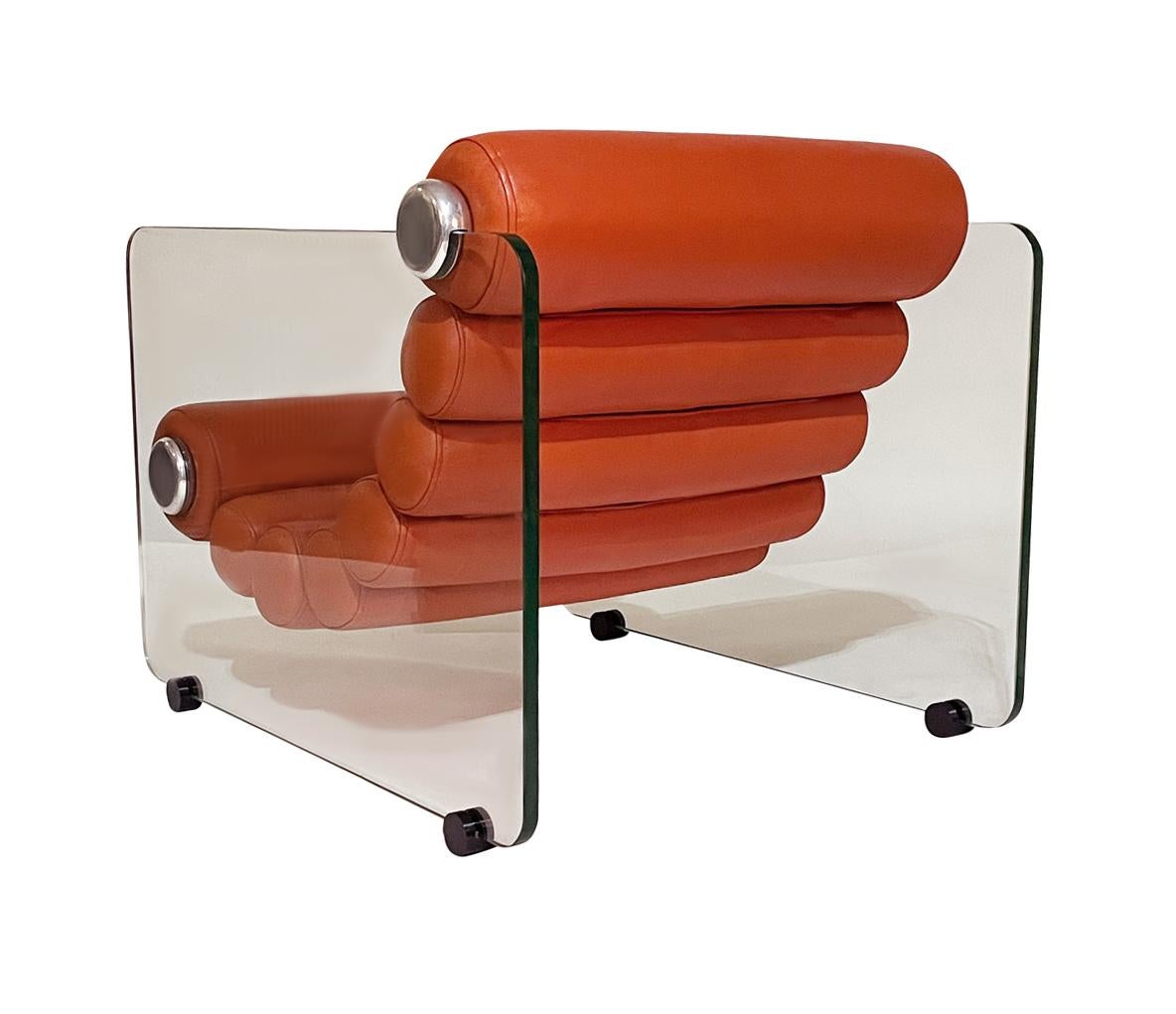 Mid Century Italian Modern Fabio Lenci Lounge Chairs in Glass & Orange Leather In Good Condition In Philadelphia, PA