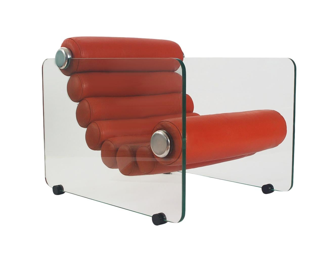 Aluminum Mid Century Italian Modern Fabio Lenci Lounge Chairs in Glass & Orange Leather
