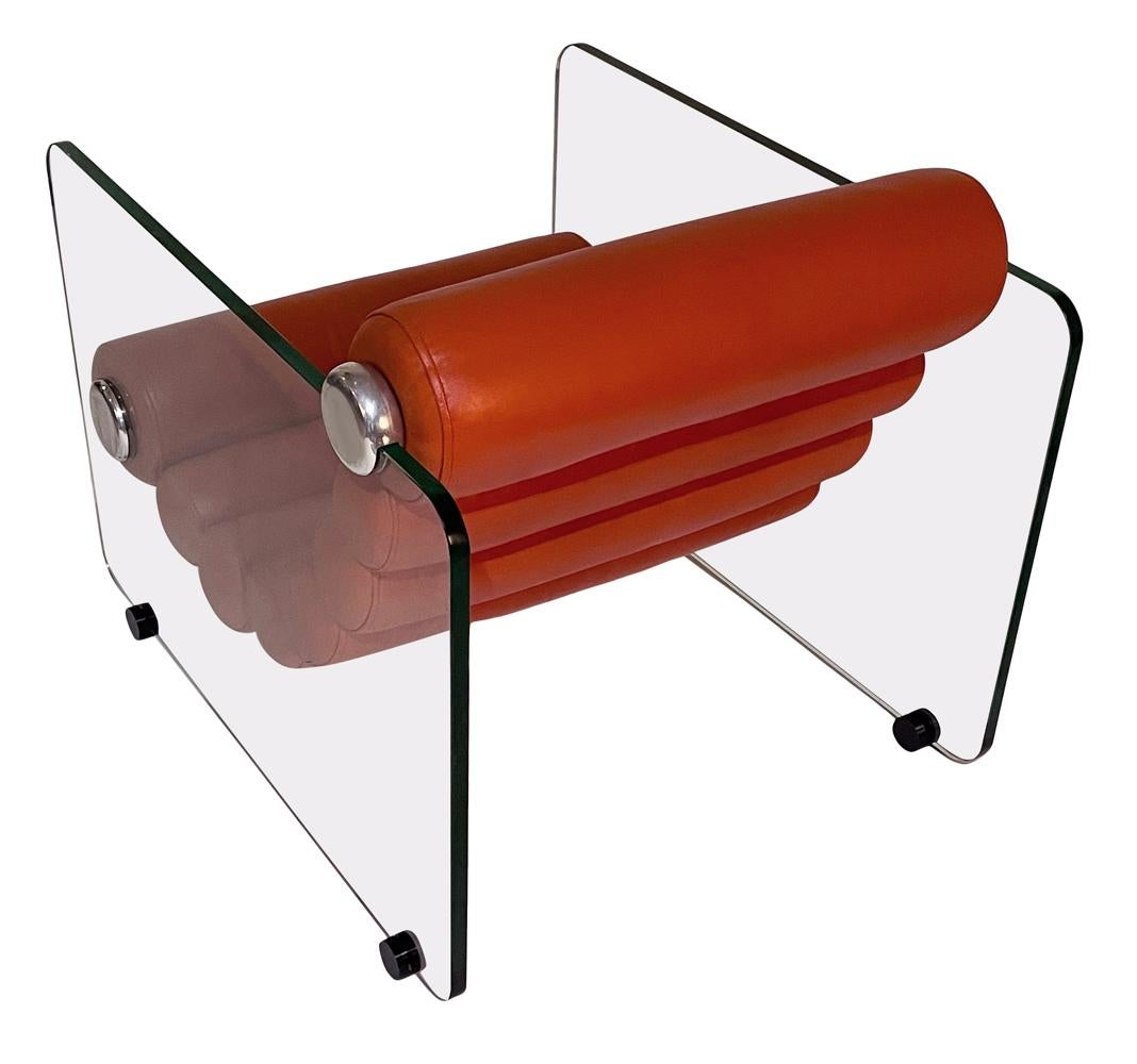 Mid Century Italian Modern Fabio Lenci Lounge Chairs in Glass & Orange Leather 1