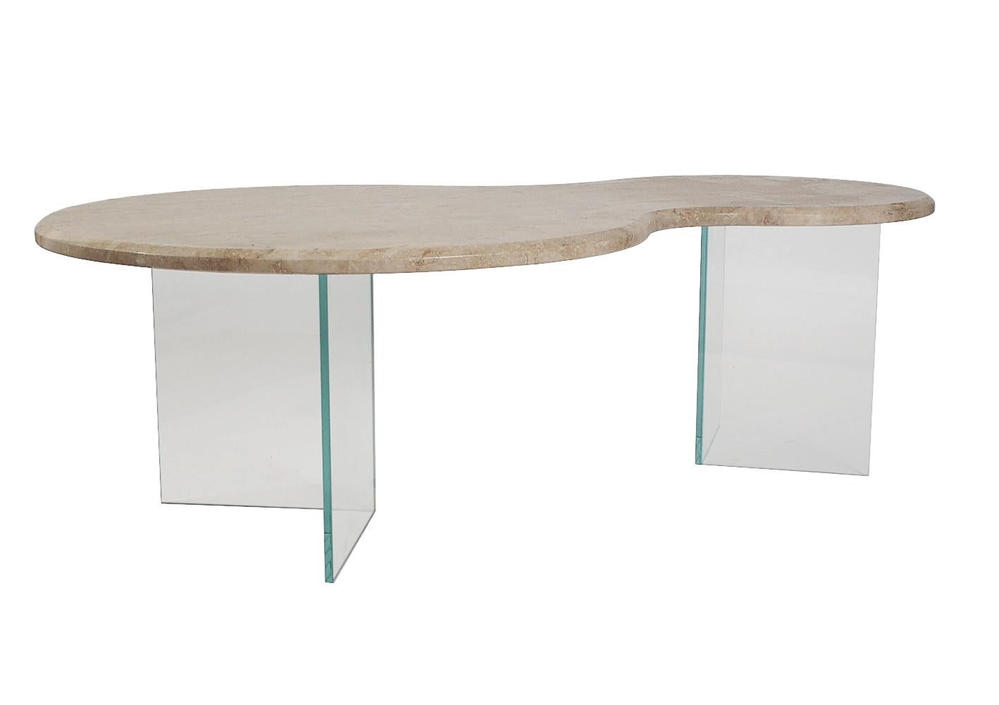 Glass Mid Century Italian Modern Floating Travertine Marble Free Form Cocktail Table For Sale