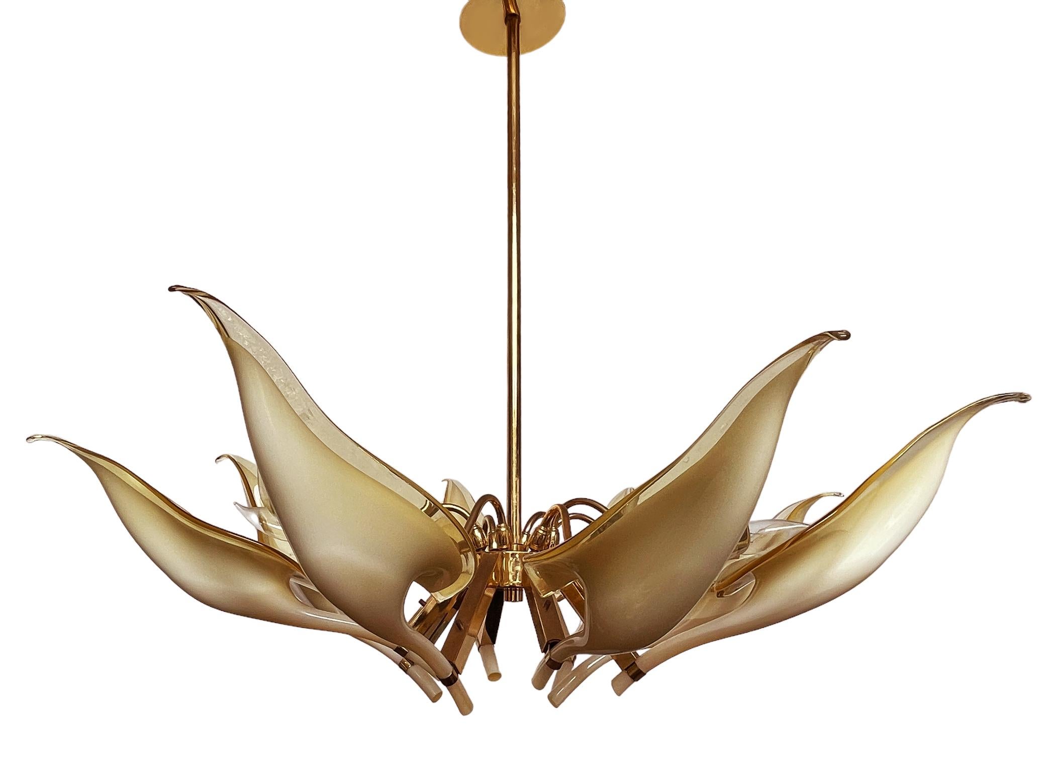 Mid-Century Modern Mid Century Italian Modern Glass & Brass Murano Chandelier by Franco Luce For Sale