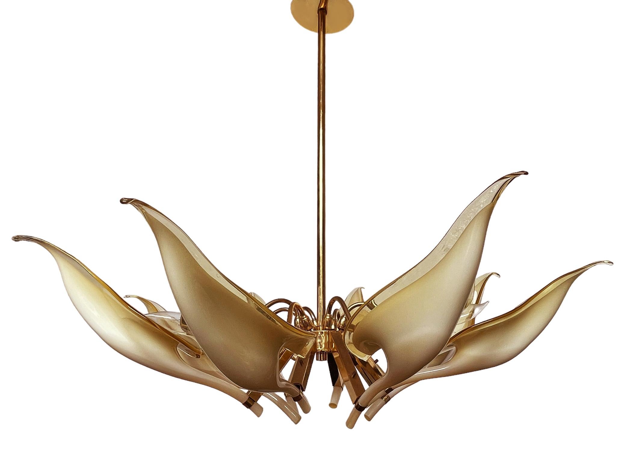 Late 20th Century Mid Century Italian Modern Glass & Brass Murano Chandelier by Franco Luce For Sale