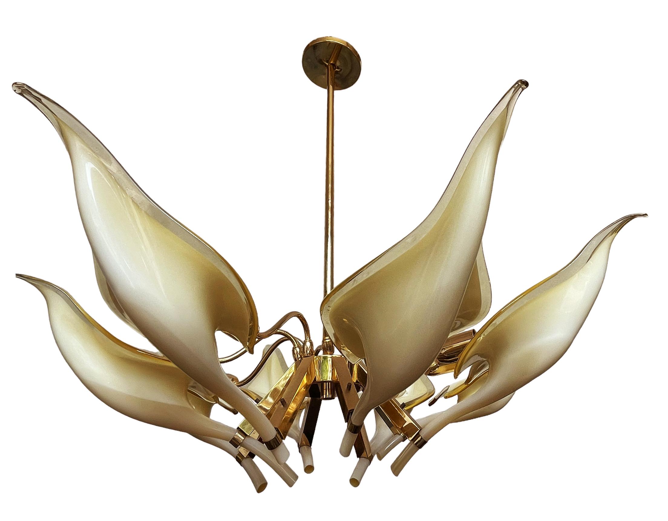 Mid Century Italian Modern Glass & Brass Murano Chandelier by Franco Luce For Sale 2