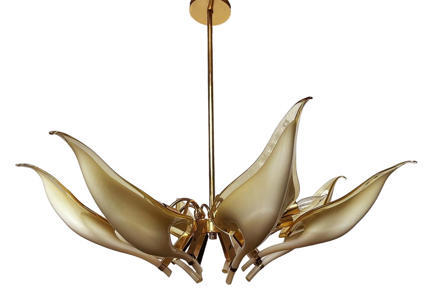Mid Century Italian Modern Glass & Brass Murano Chandelier by Franco Luce For Sale 3