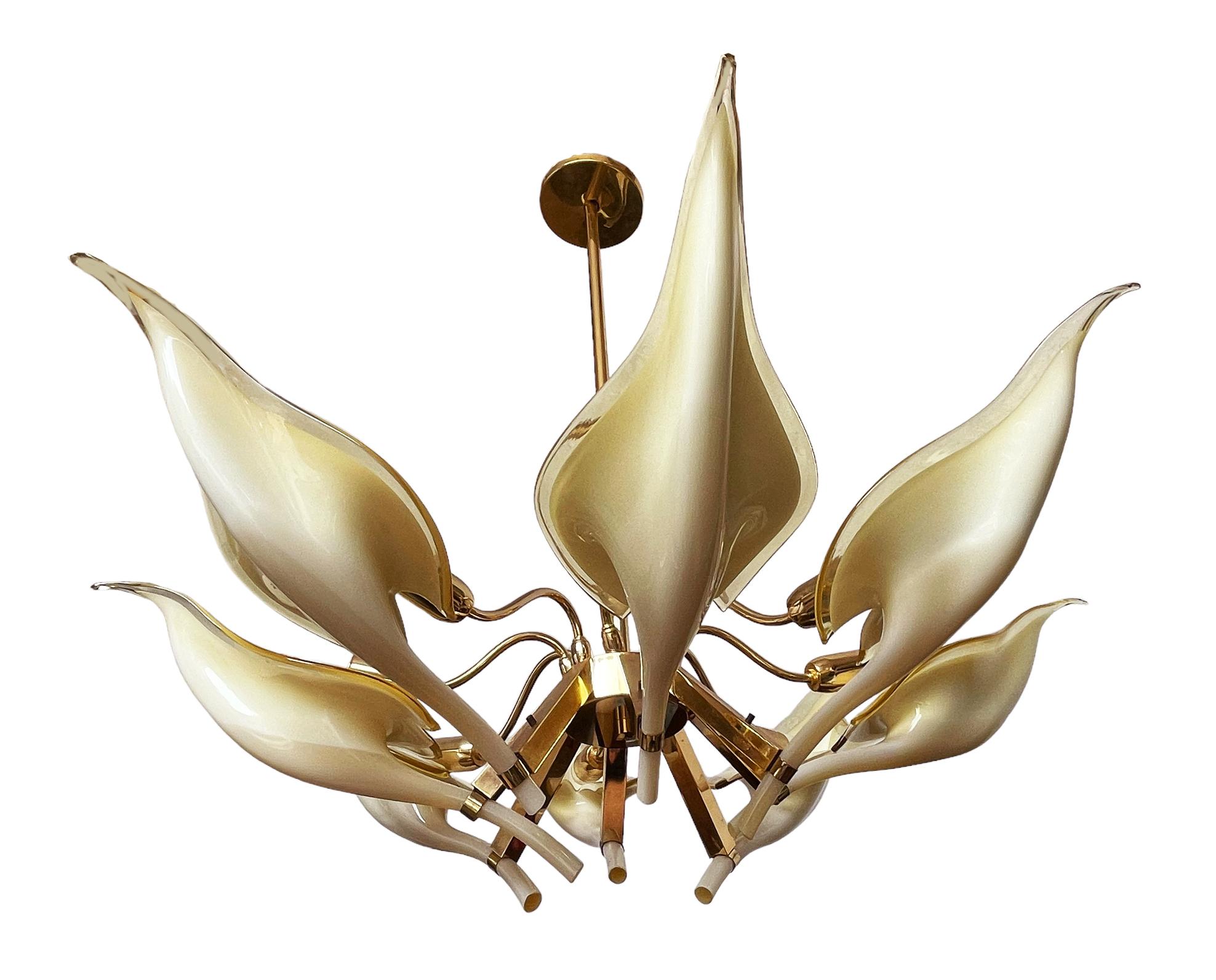 Mid Century Italian Modern Glass & Brass Murano Chandelier by Franco Luce For Sale 4