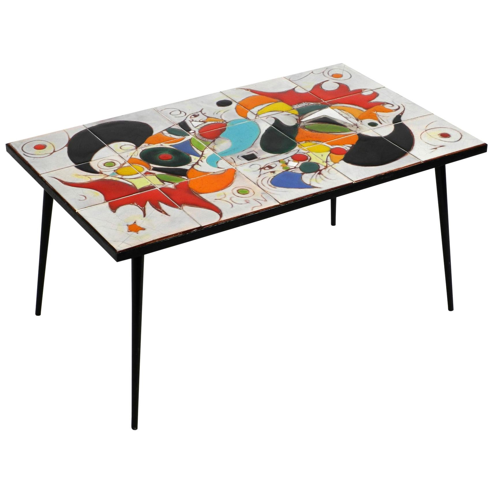 Midcentury Italian Modern Iron Table with Tiled Top and Abstract Motif For Sale