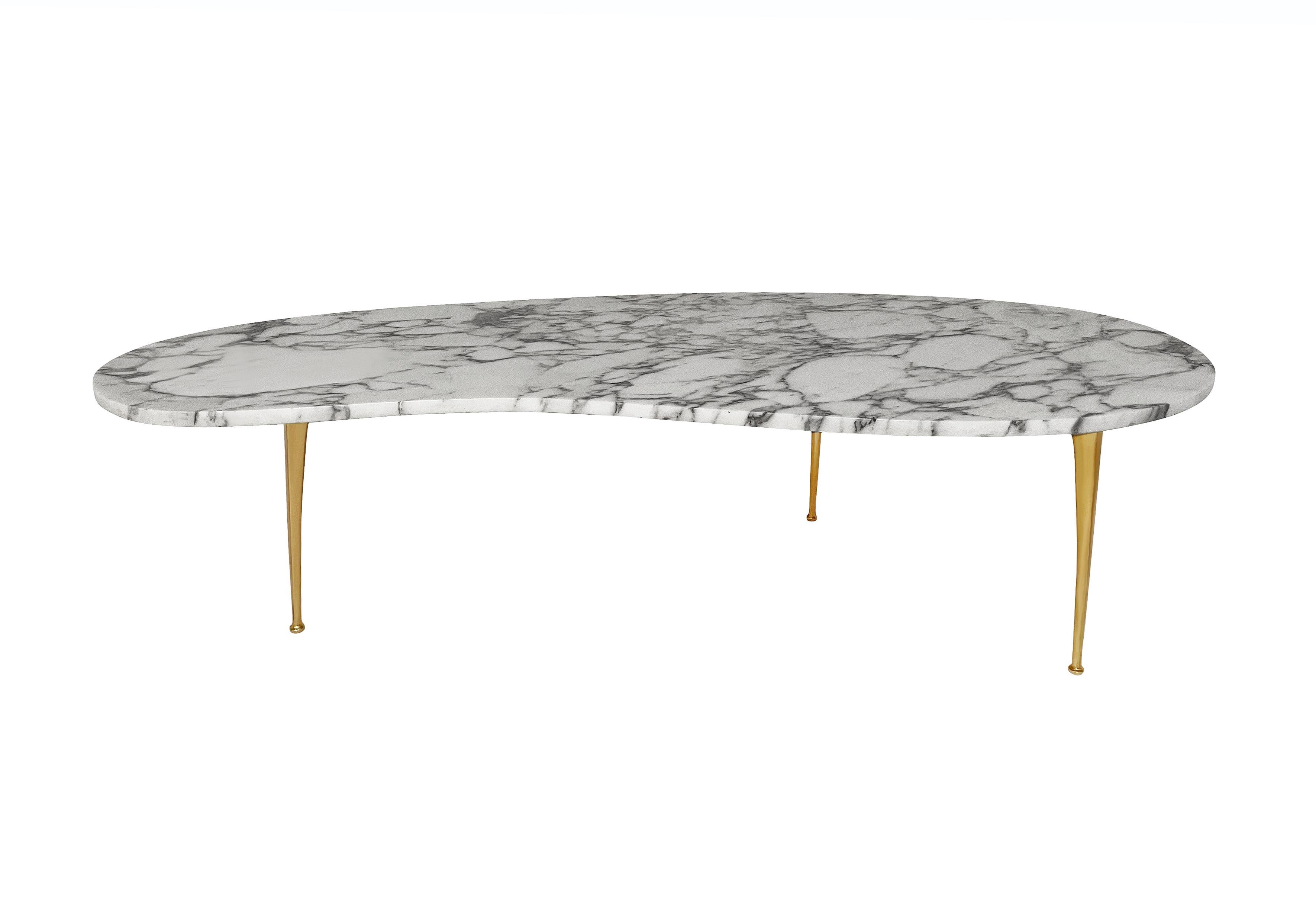 Mid Century Italian Modern Kidney Shape Marble Cocktail Table with Brass Legs In Good Condition In Philadelphia, PA