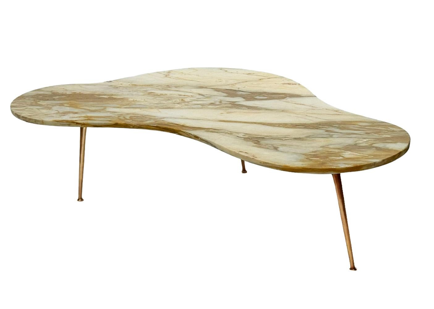 Mid-20th Century Mid Century Italian Modern Kidney Shape Marble Cocktail Table with Brass Legs For Sale