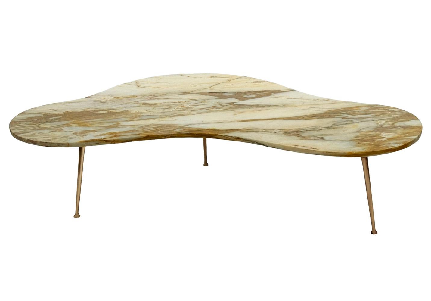 Mid Century Italian Modern Kidney Shape Marble Cocktail Table with Brass Legs For Sale 1