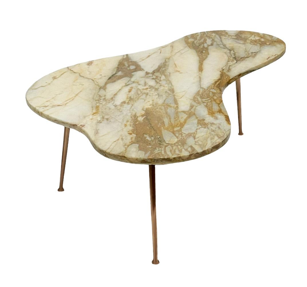 Mid Century Italian Modern Kidney Shape Marble Cocktail Table with Brass Legs For Sale 2