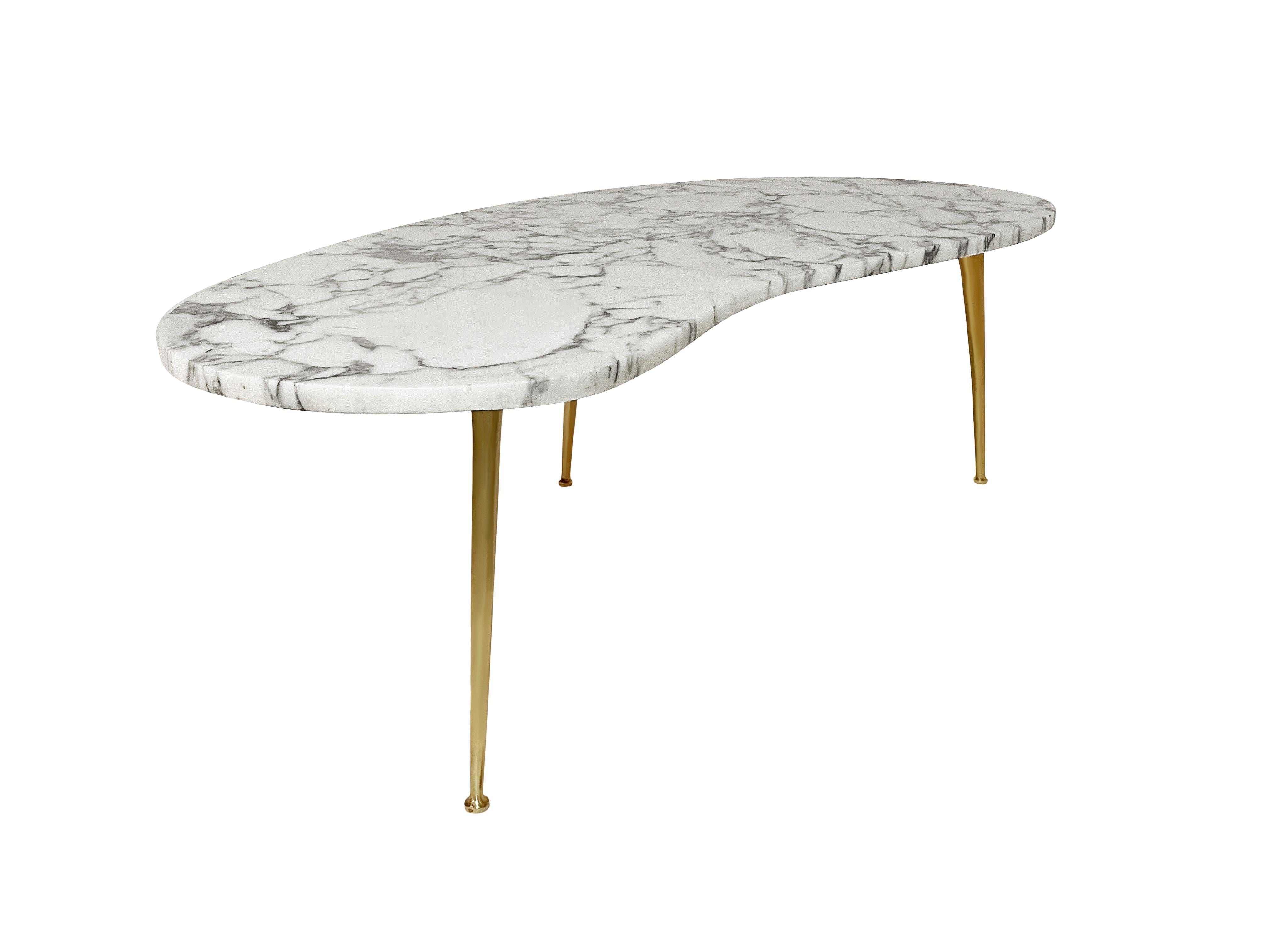 Mid Century Italian Modern Kidney Shape Marble Cocktail Table with Brass Legs 3