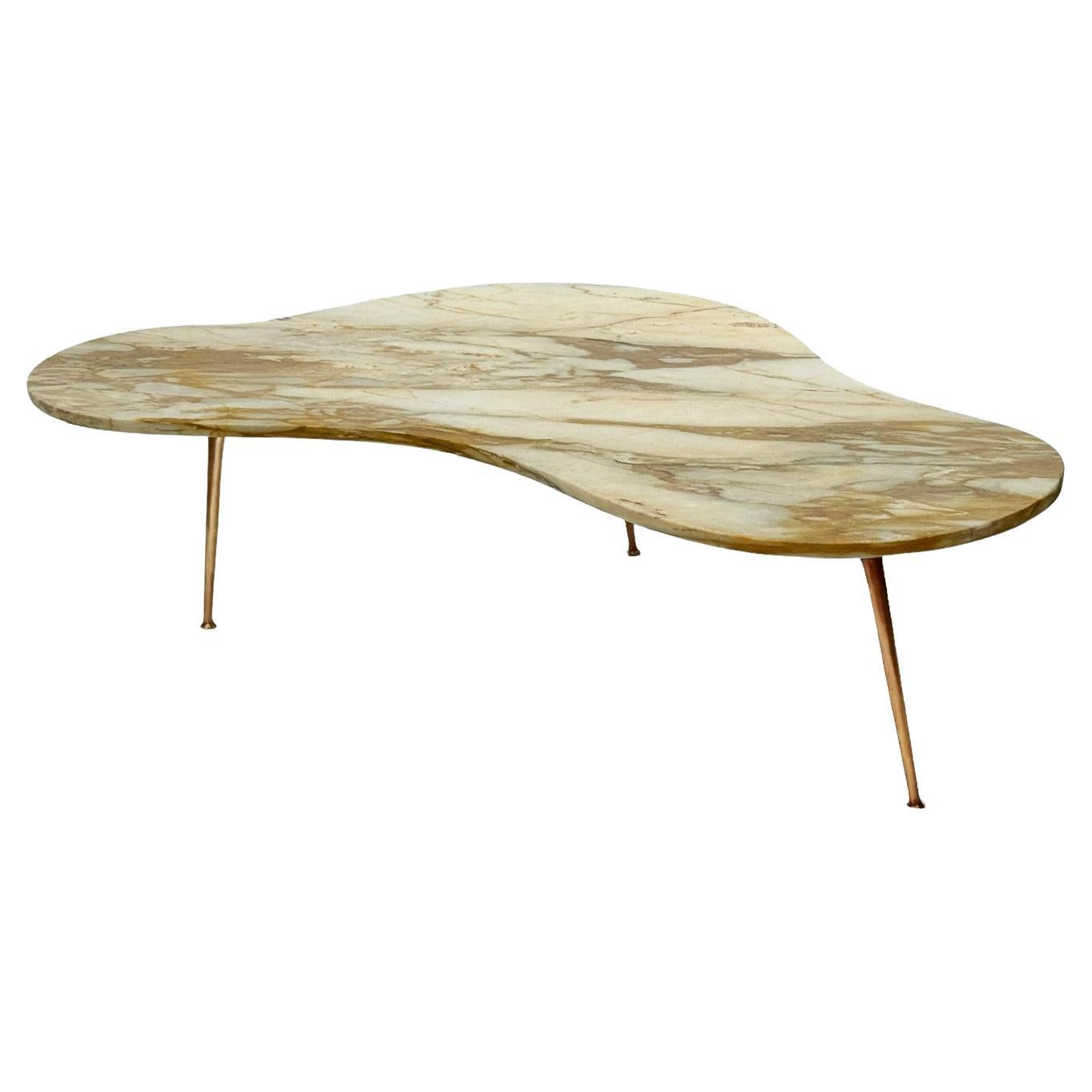 Mid Century Italian Modern Kidney Shape Marble Cocktail Table with Brass Legs For Sale