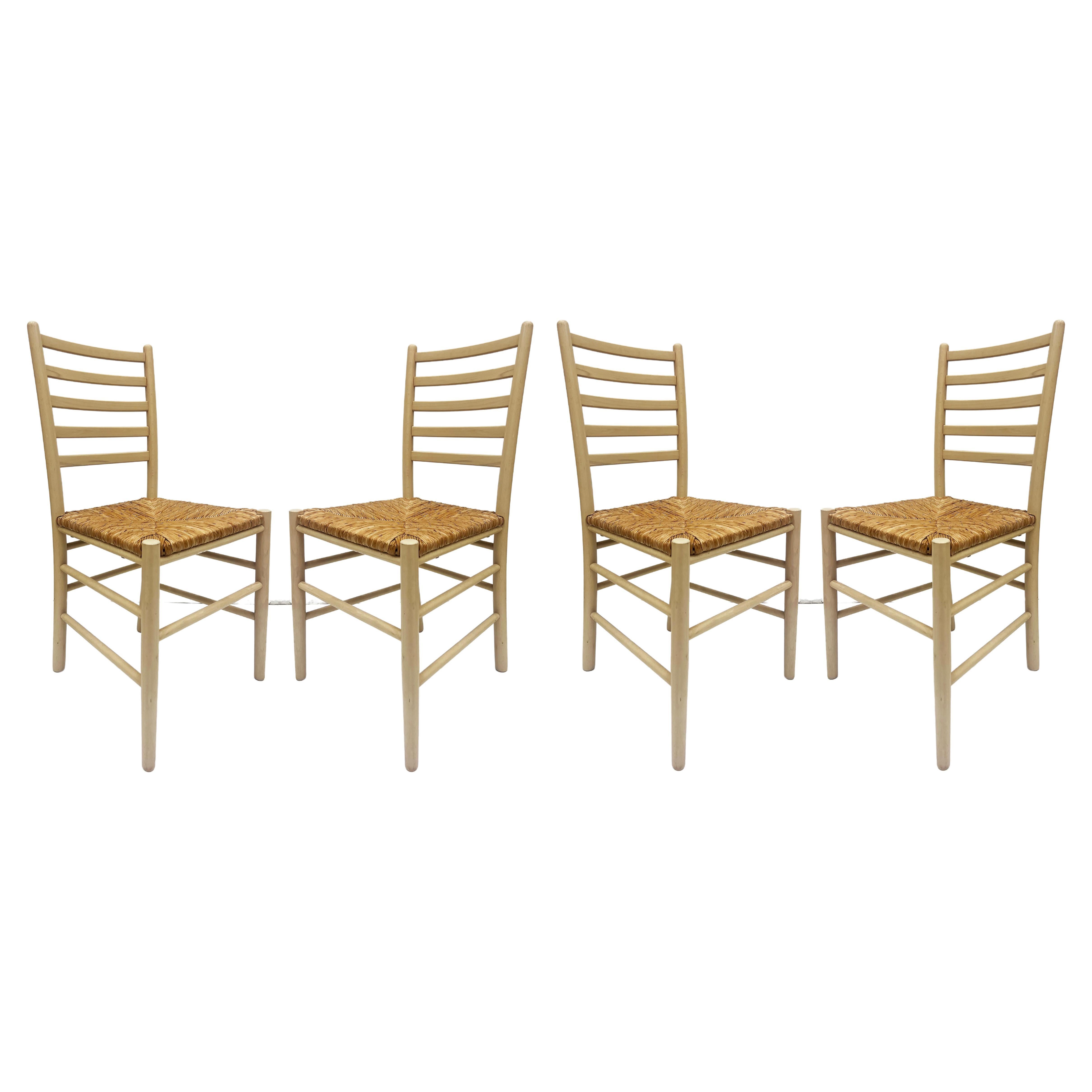 Midcentury Italian Modern Ladder Back Dining Chairs, Rush Seats, Set