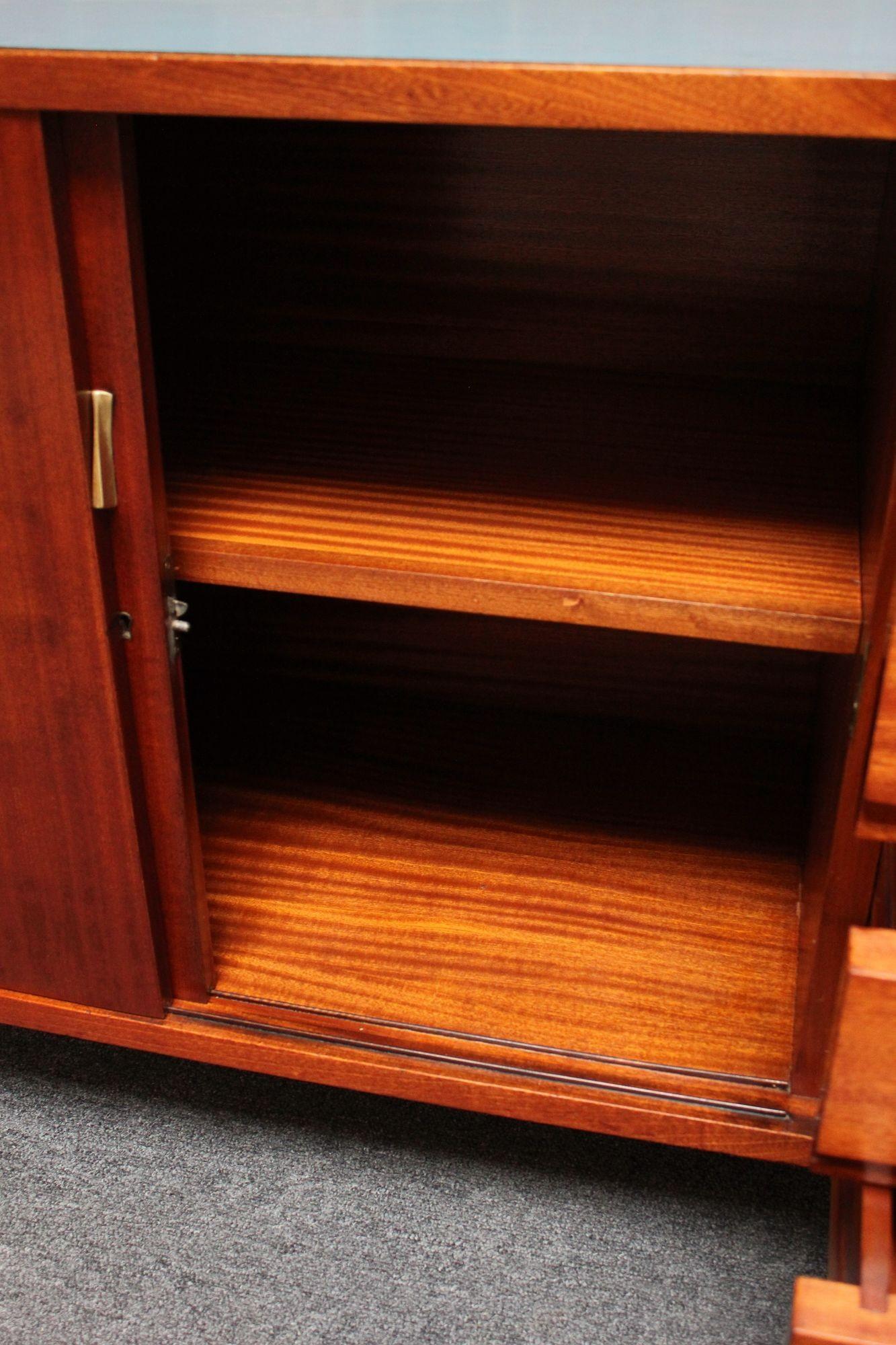 Mid-Century Italian Modern Mahogany Credenza with Blue Laminate Surface For Sale 13