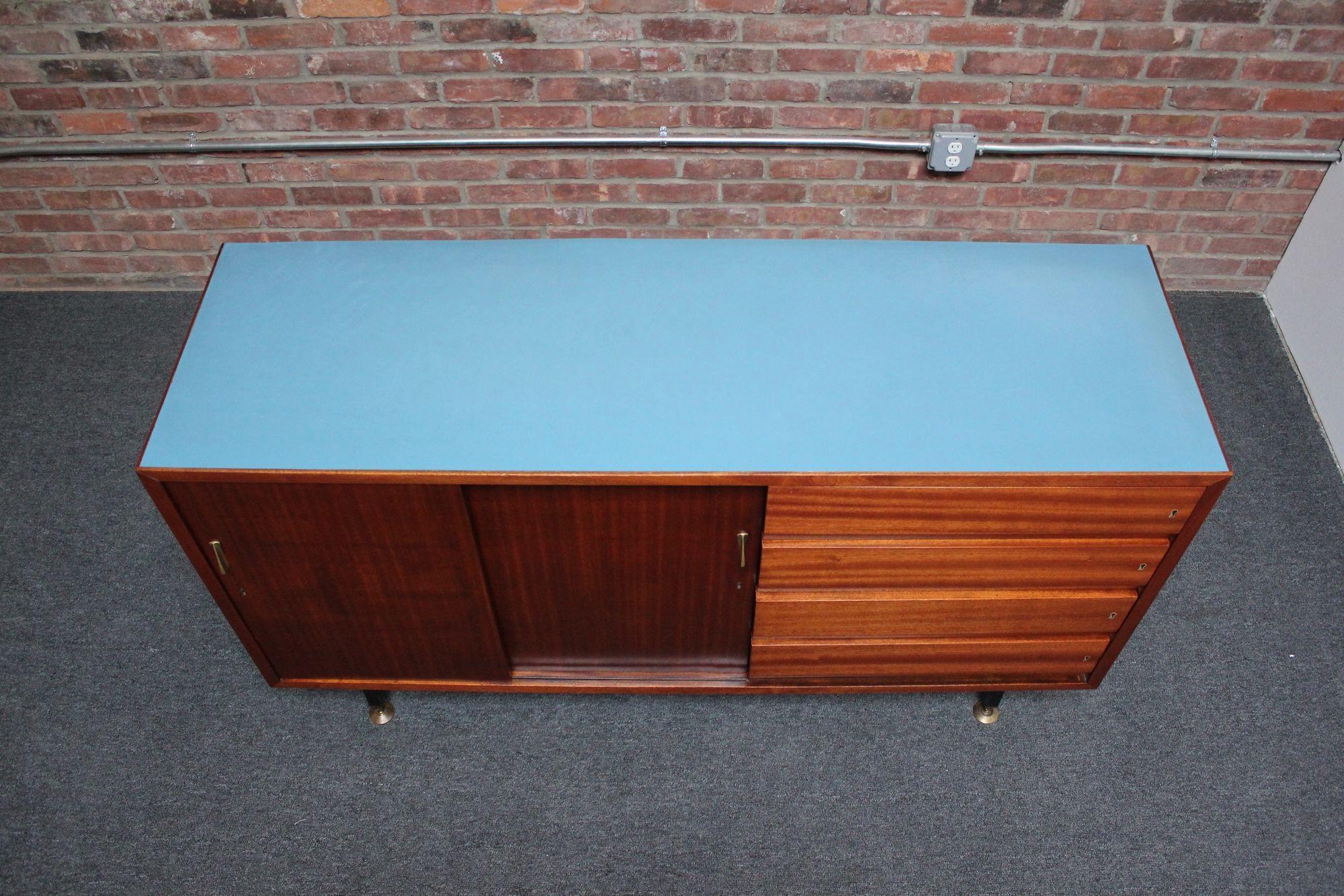 Mid-Century Modern Mid-Century Italian Modern Mahogany Credenza with Blue Laminate Surface For Sale