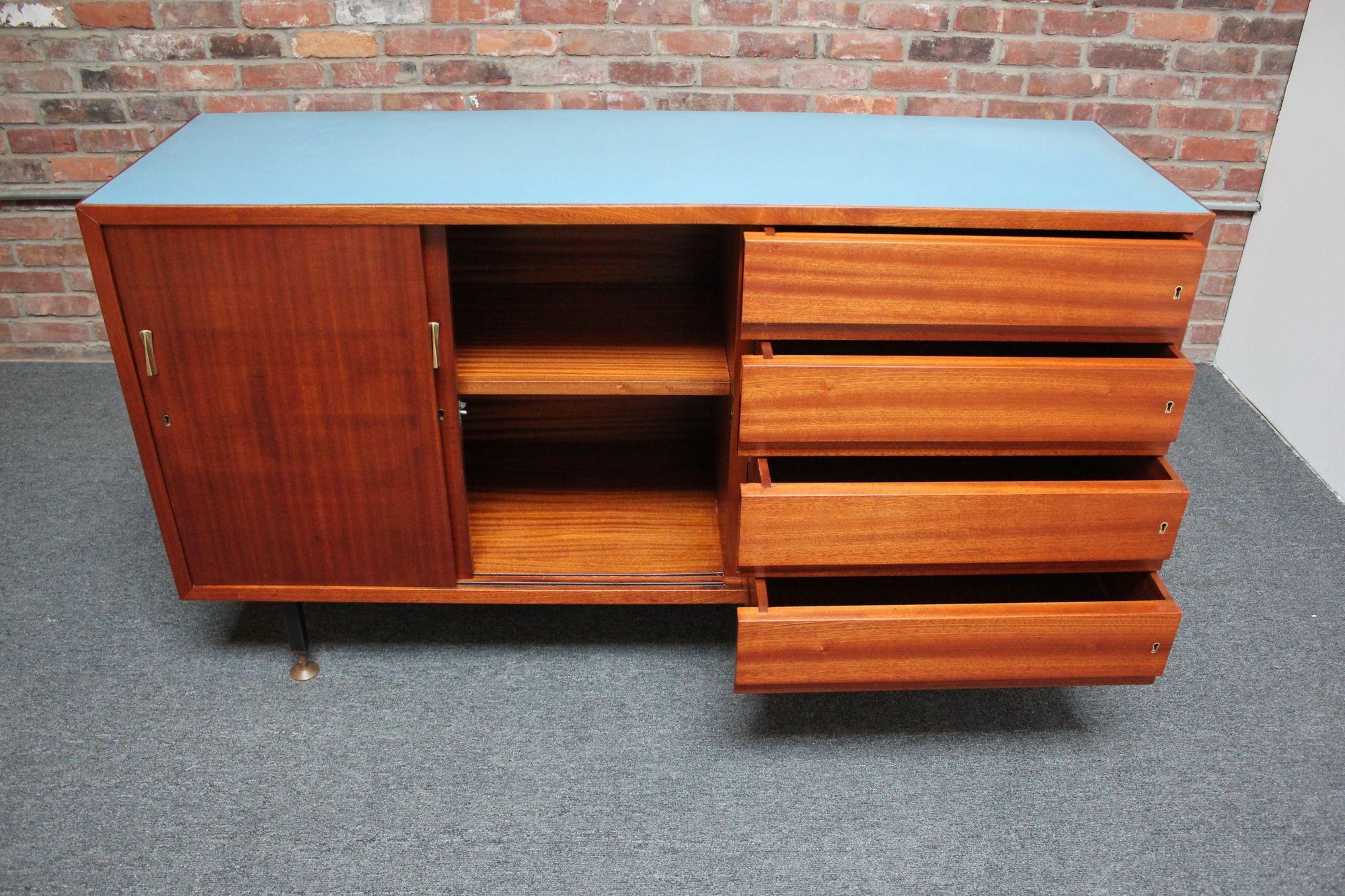 Mid-Century Italian Modern Mahogany Credenza with Blue Laminate Surface In Good Condition For Sale In Brooklyn, NY