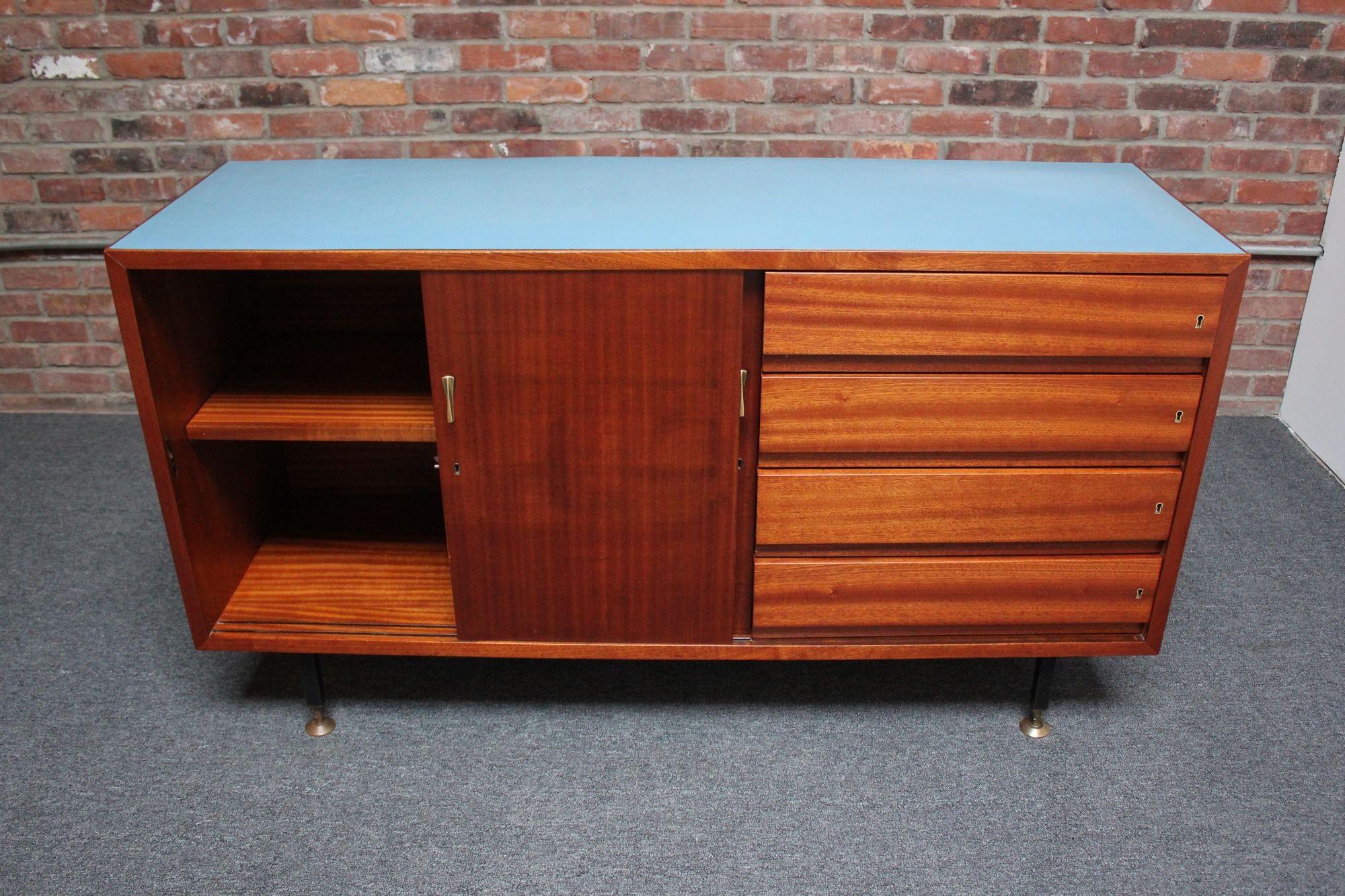 Mid-Century Italian Modern Mahogany Credenza with Blue Laminate Surface For Sale 10