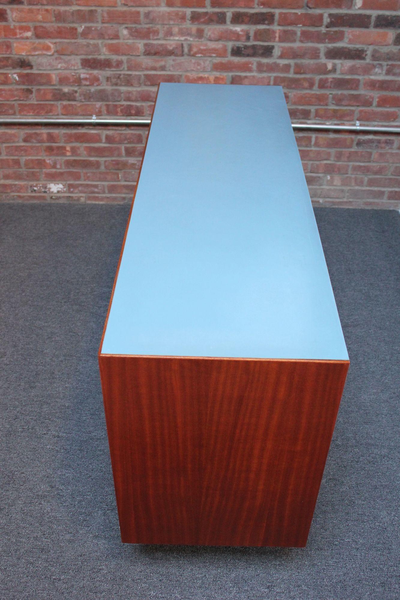 Metal Mid-Century Italian Modern Mahogany Credenza with Blue Laminate Surface For Sale