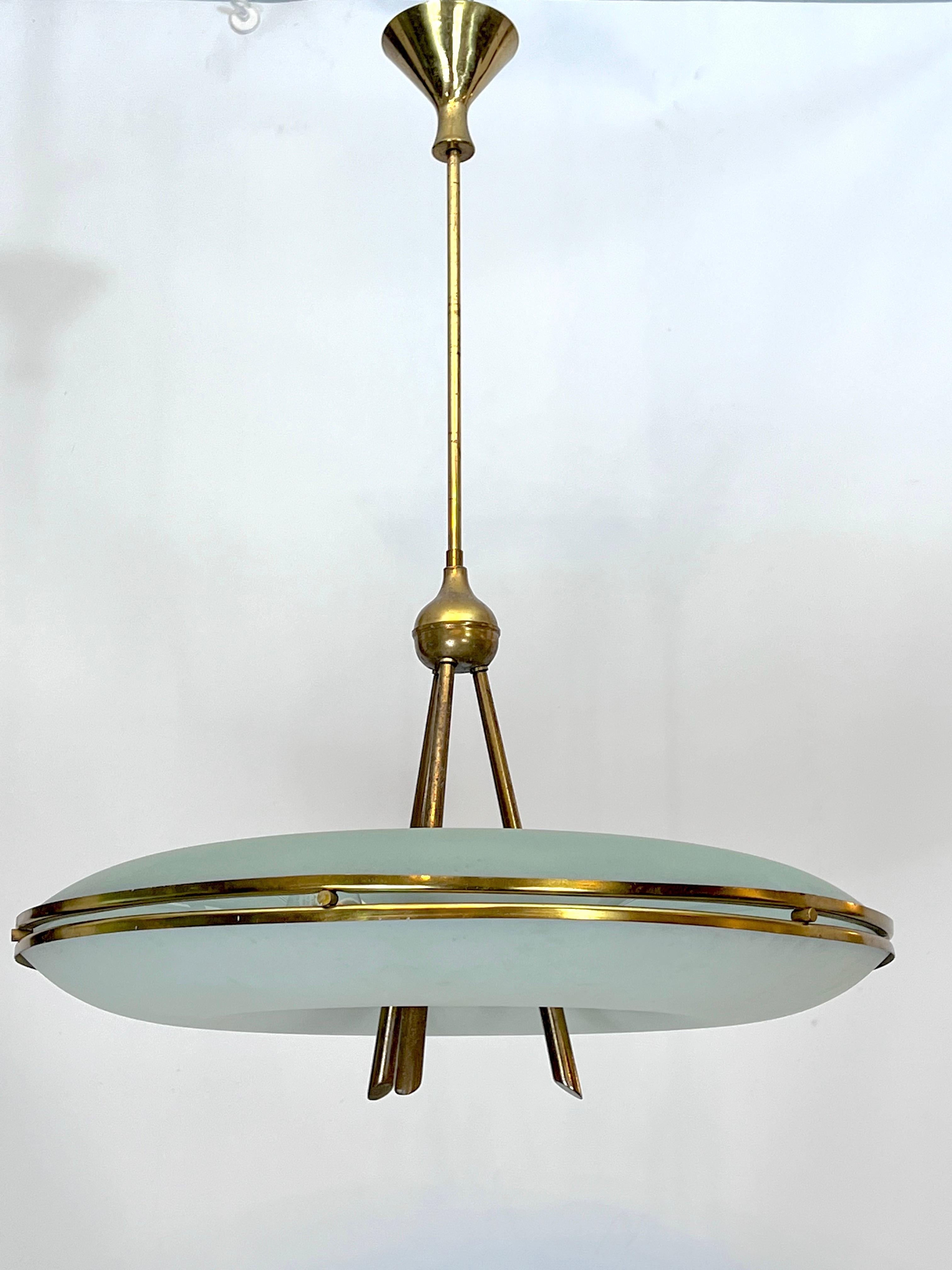 Mid-Century Modern Mid-Century Italian Modern Max Ingrand Style Curved Glass Chandelier. 1950s For Sale