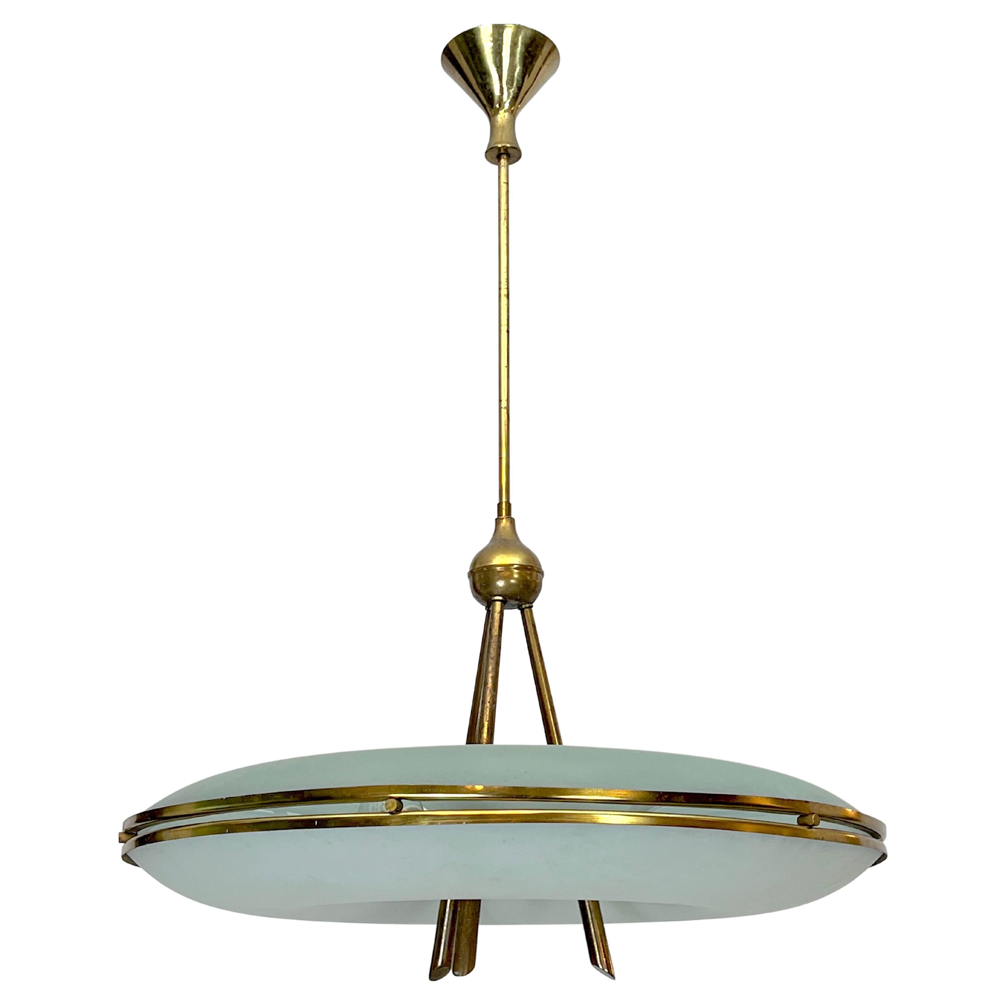 Mid-Century Italian Modern Max Ingrand Style Curved Glass Chandelier. 1950s