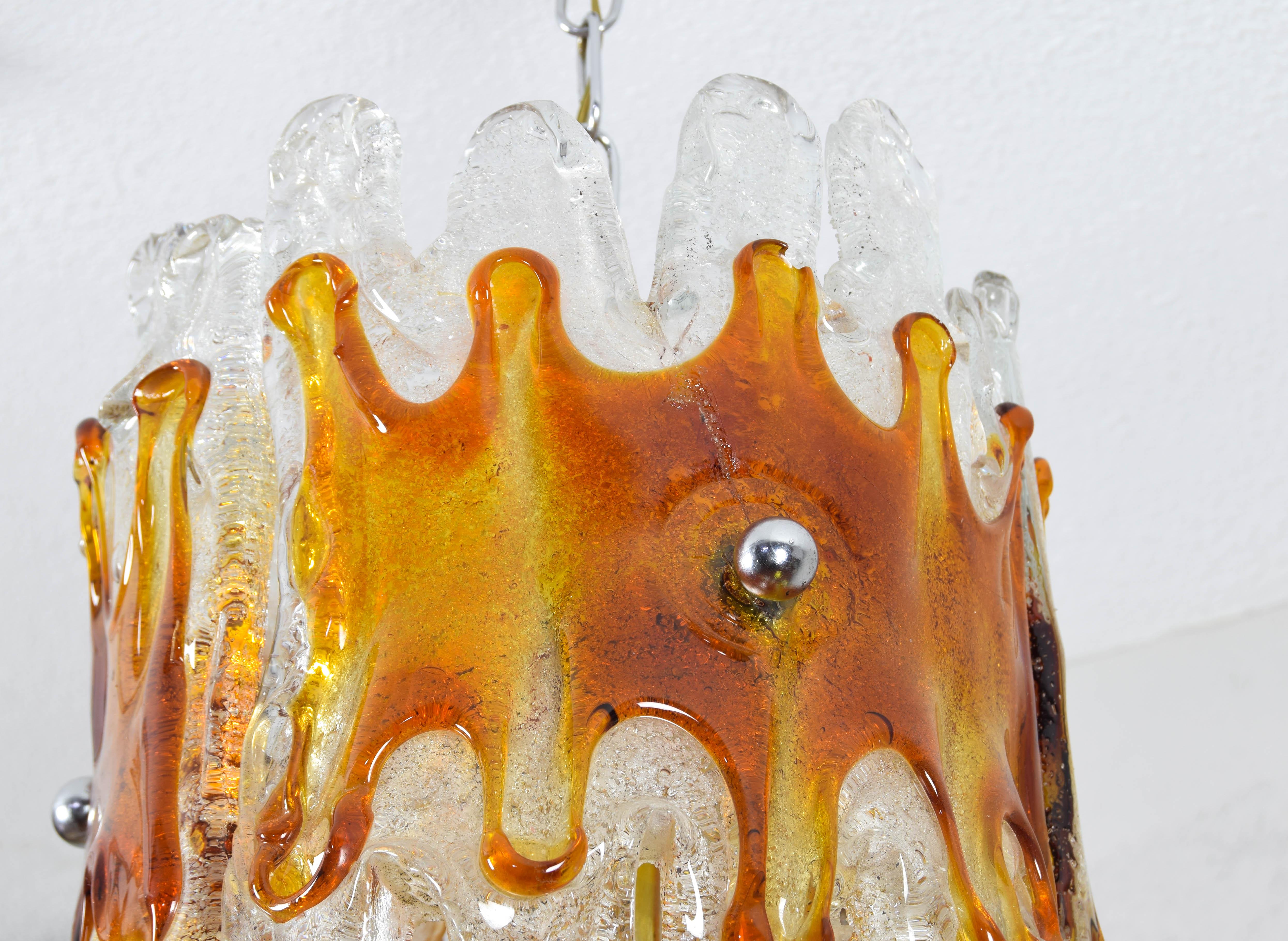 Midcentury Italian Modern Mazzega Amber and Clear Lava Murano Chandelier, 1960s For Sale 6