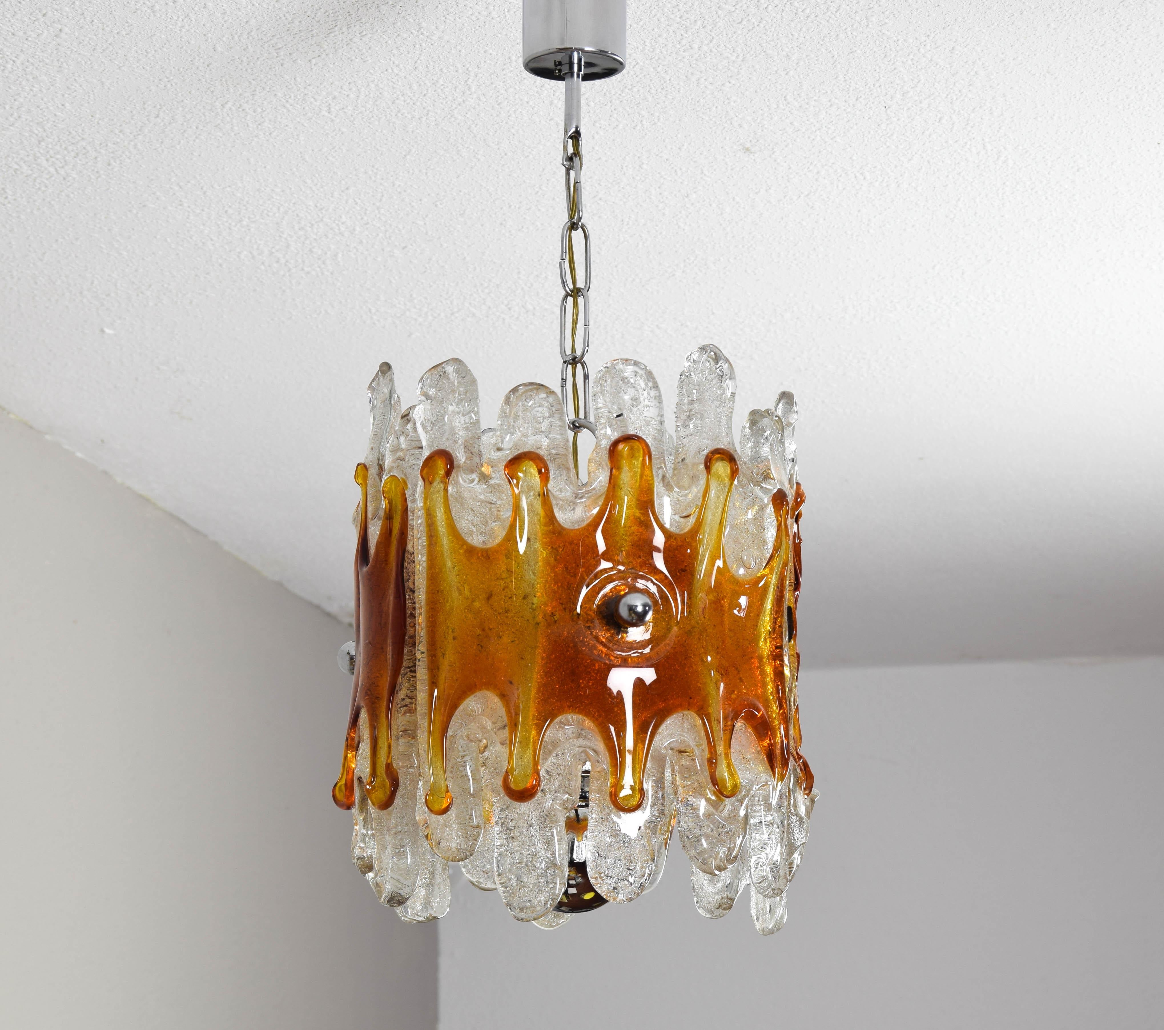 20th Century Midcentury Italian Modern Mazzega Amber and Clear Lava Murano Chandelier, 1960s For Sale