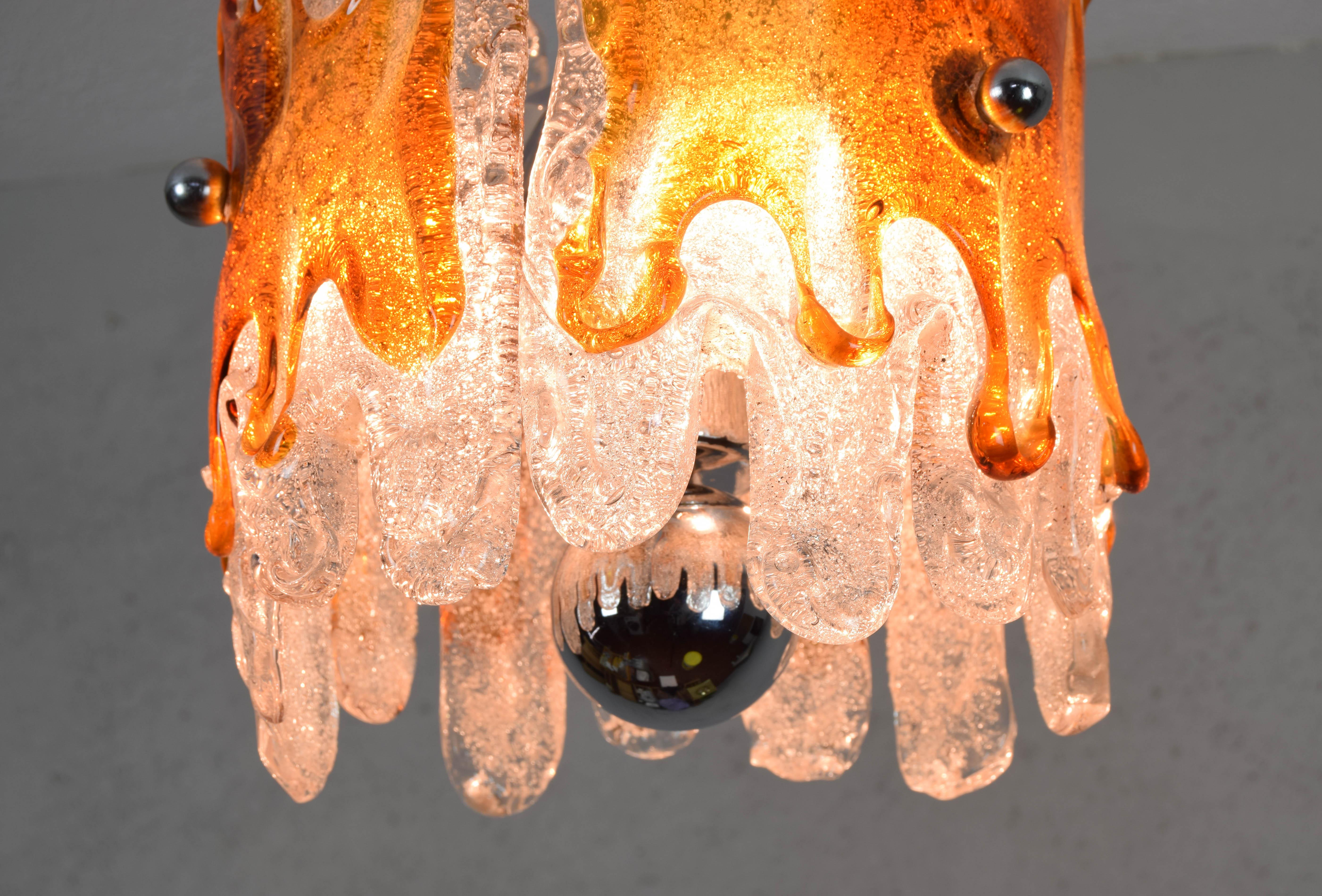 Steel Midcentury Italian Modern Mazzega Amber and Clear Lava Murano Chandelier, 1960s For Sale