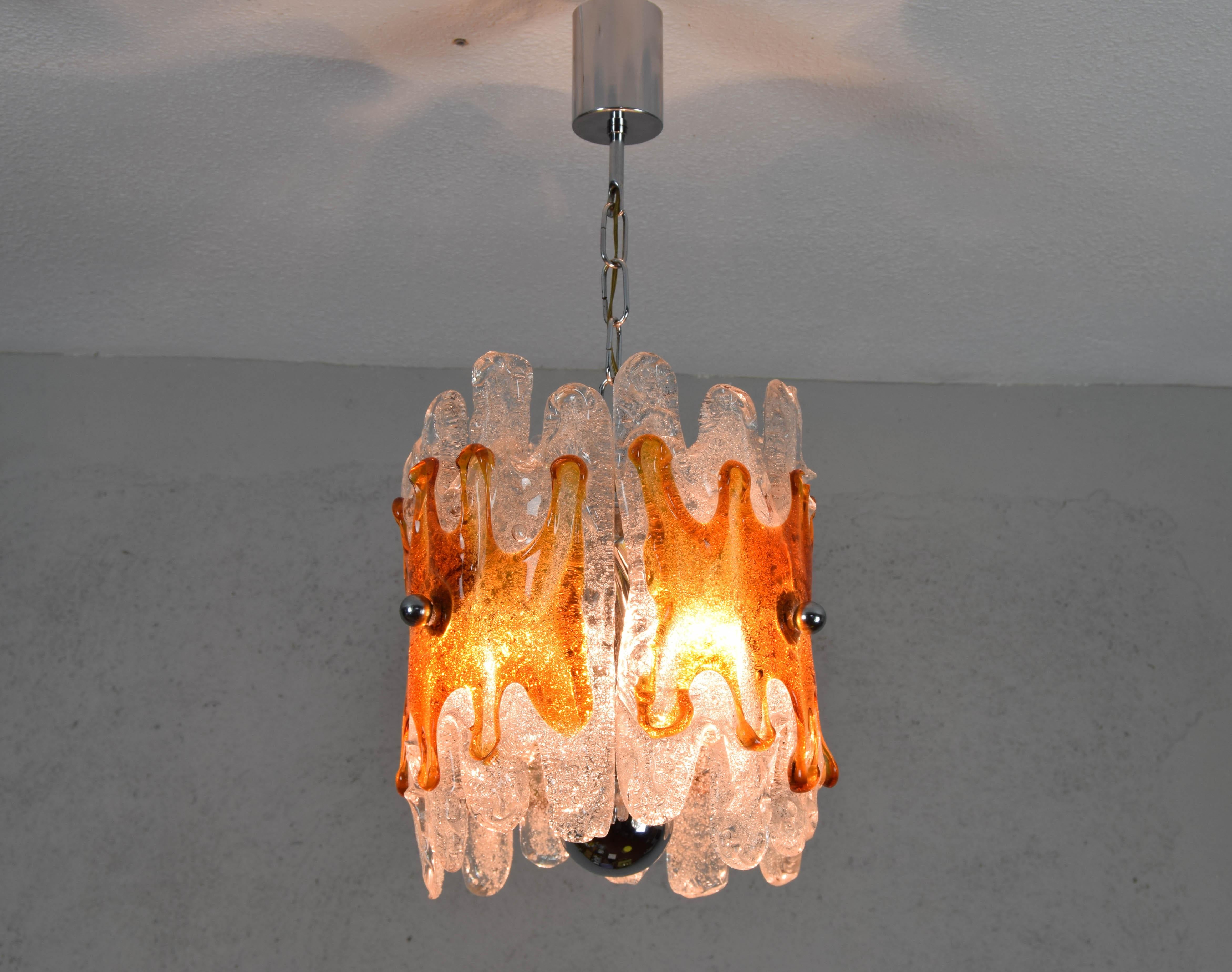 Midcentury Italian Modern Mazzega Amber and Clear Lava Murano Chandelier, 1960s For Sale 2