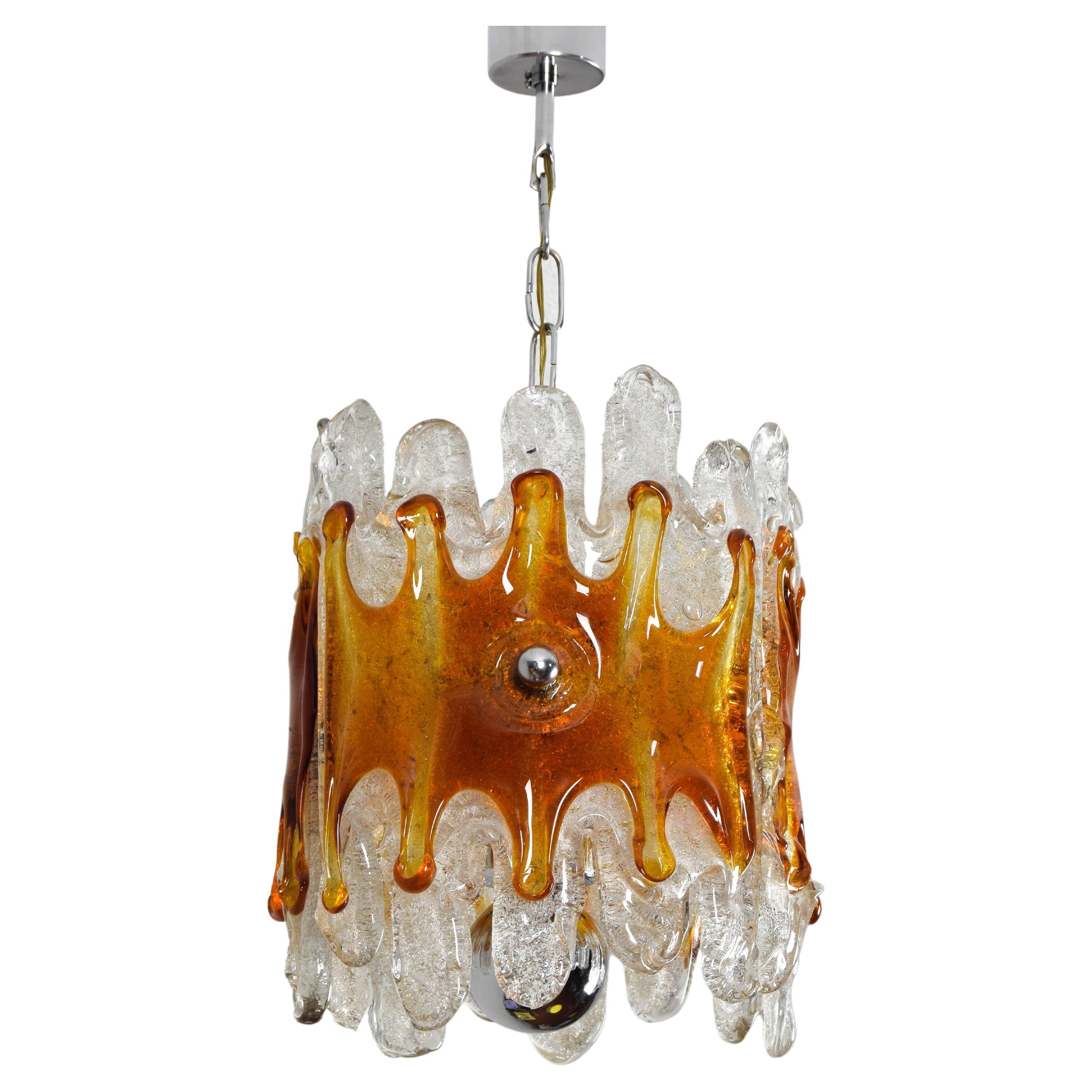 Midcentury Italian Modern Mazzega Amber and Clear Lava Murano Chandelier, 1960s For Sale