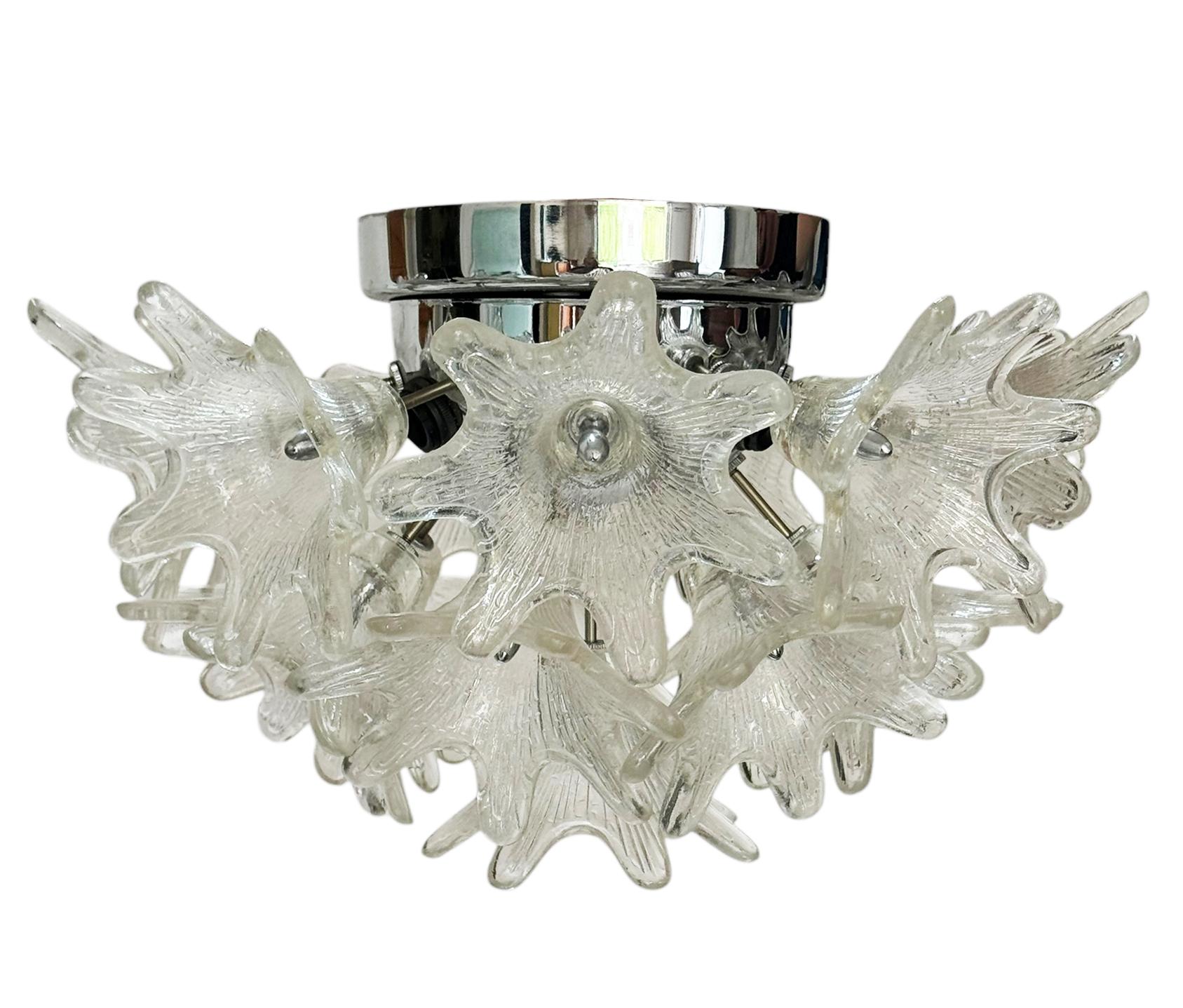 A vintage, Italian round chandelier with clear Murano glass by VeArt  Flush ceiling mount in silver with clear glass. Tested & working. 