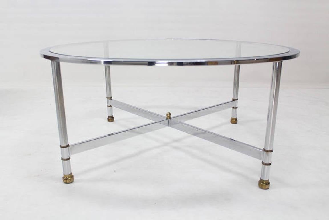Mid-Century Modern Mid Century Italian Modern Round Chrome & Brass Base Glass Top Coffee Table Mint For Sale