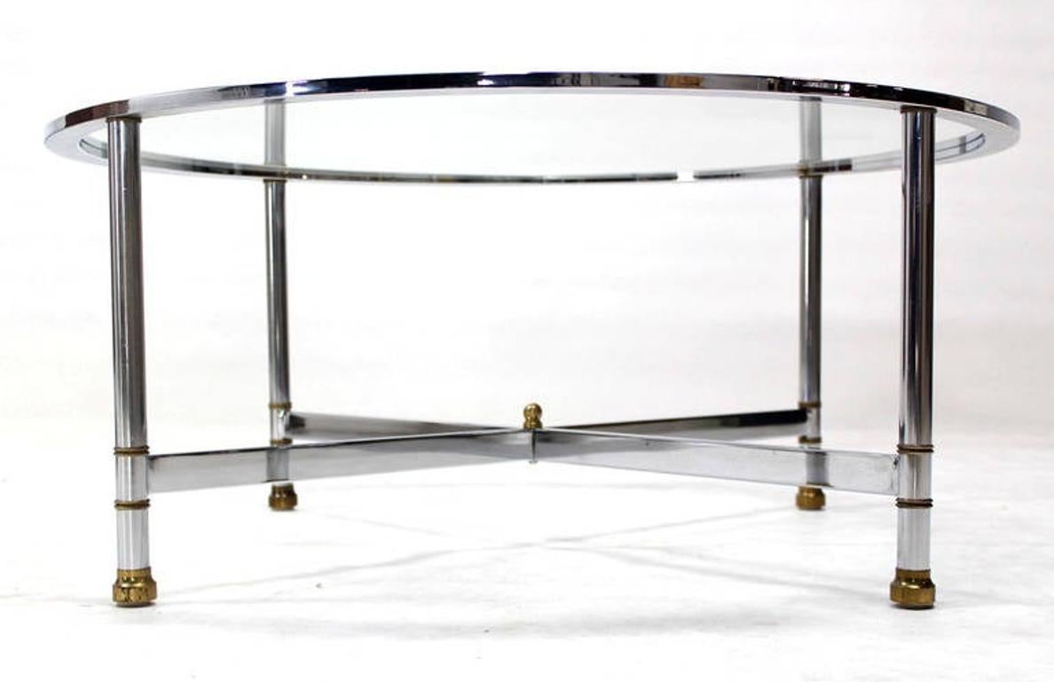 Mid Century Italian Modern Round Chrome & Brass Base Glass Top Coffee Table Mint In Excellent Condition For Sale In Rockaway, NJ