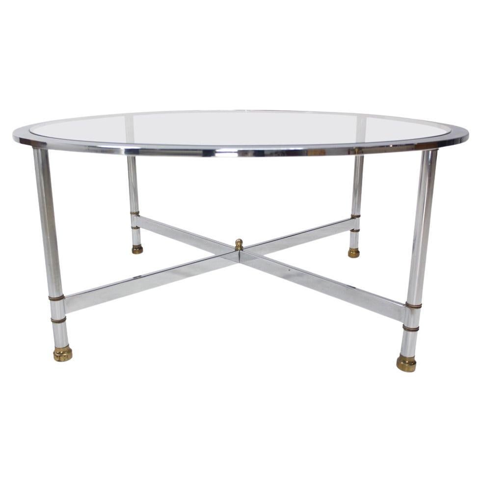 Mid Century Italian Modern Round Chrome & Brass Base Glass Top Coffee Table Mint For Sale
