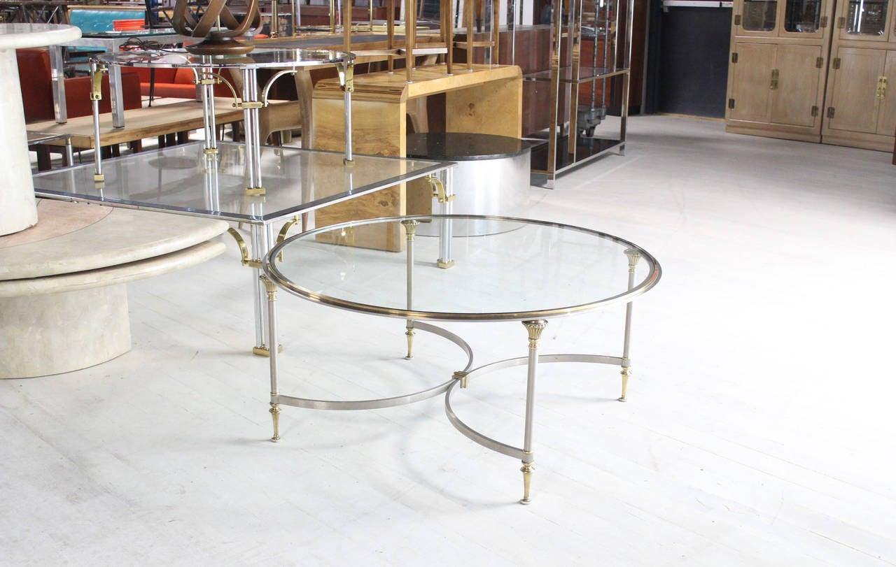 Polished Mid Century Italian Modern Round Glass Top Brass Chrome/Pewter Coffee Table MINT For Sale