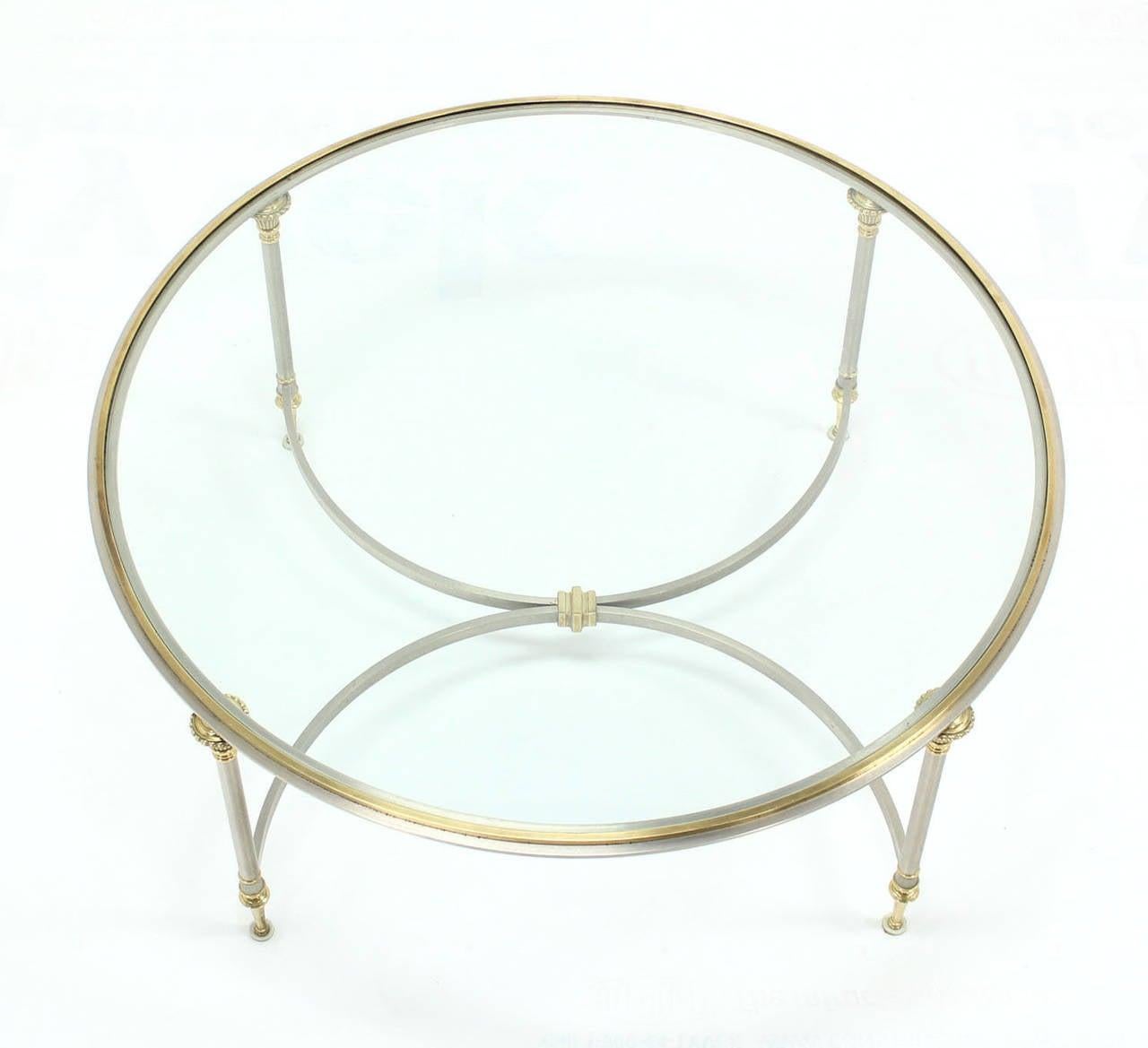 Mid Century Italian Modern Round Glass Top Brass Chrome/Pewter Coffee Table MINT In Good Condition For Sale In Rockaway, NJ