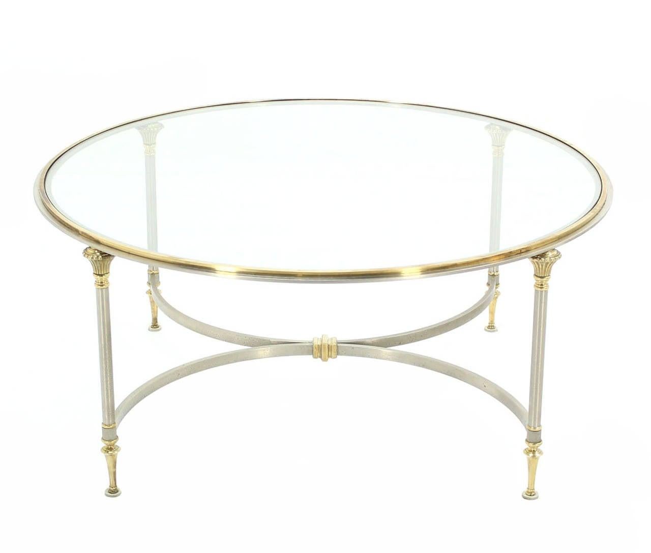 Mid Century Italian Modern Round Glass Top Brass Chrome/Pewter Coffee Table MINT For Sale 3