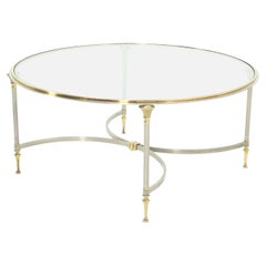 Mid Century Italian Modern Round Glass Top Brass Chrome/Pewter Coffee Table MINT