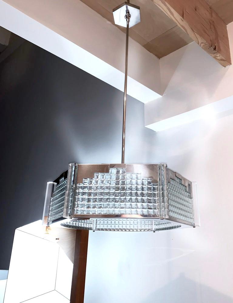 20th Century Mid-century Italian Modern Sciolari Trapezoidal Tubular Glass & Steel Chandelier For Sale