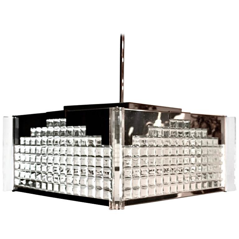 Mid-century Italian Modern Sciolari Trapezoidal Tubular Glass & Steel Chandelier For Sale 2