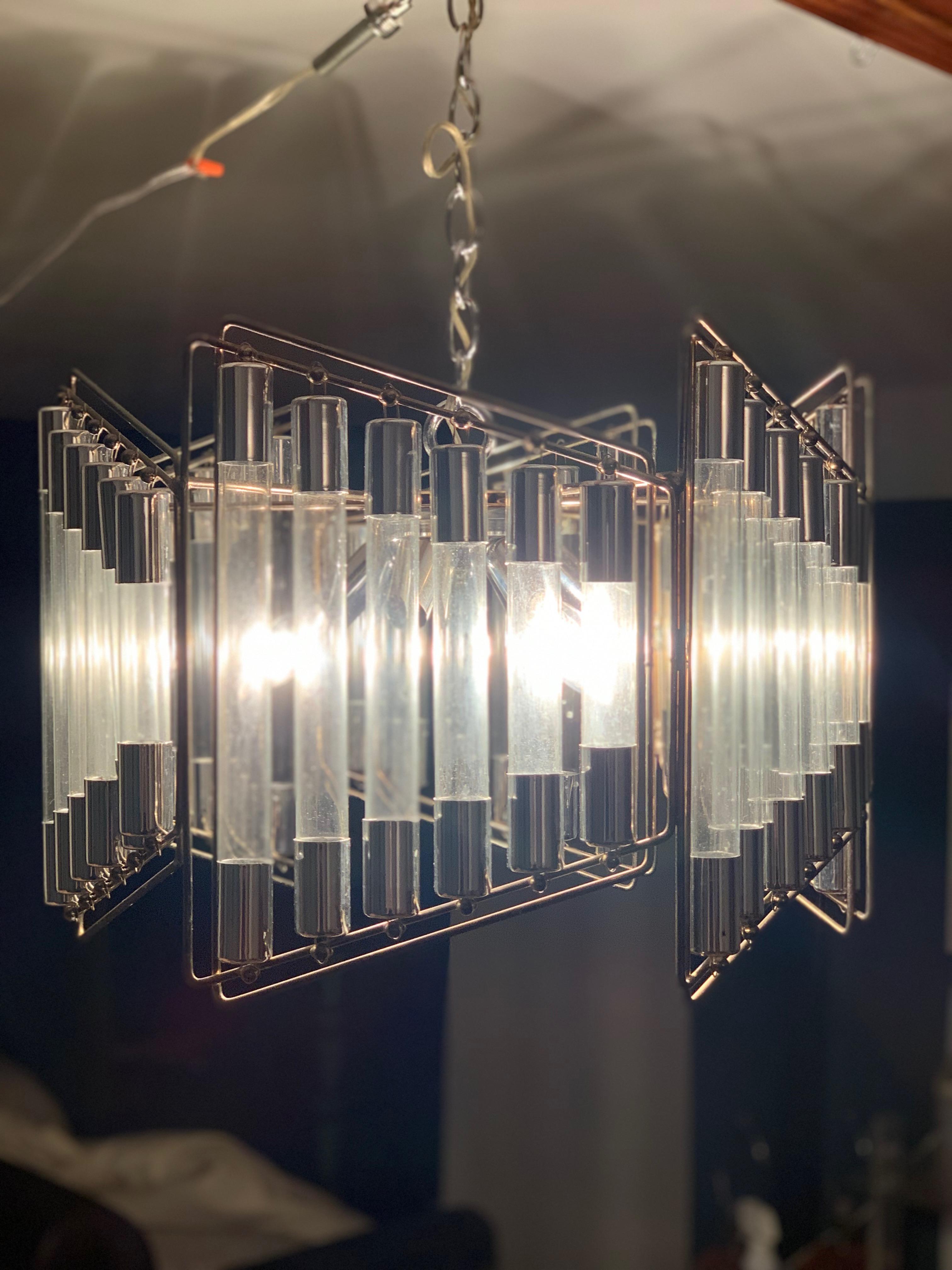 Mid-century Italian Modern Sciolari Trapezoidal Tubular Glass & Steel Chandelier In Good Condition For Sale In Brooklyn, NY