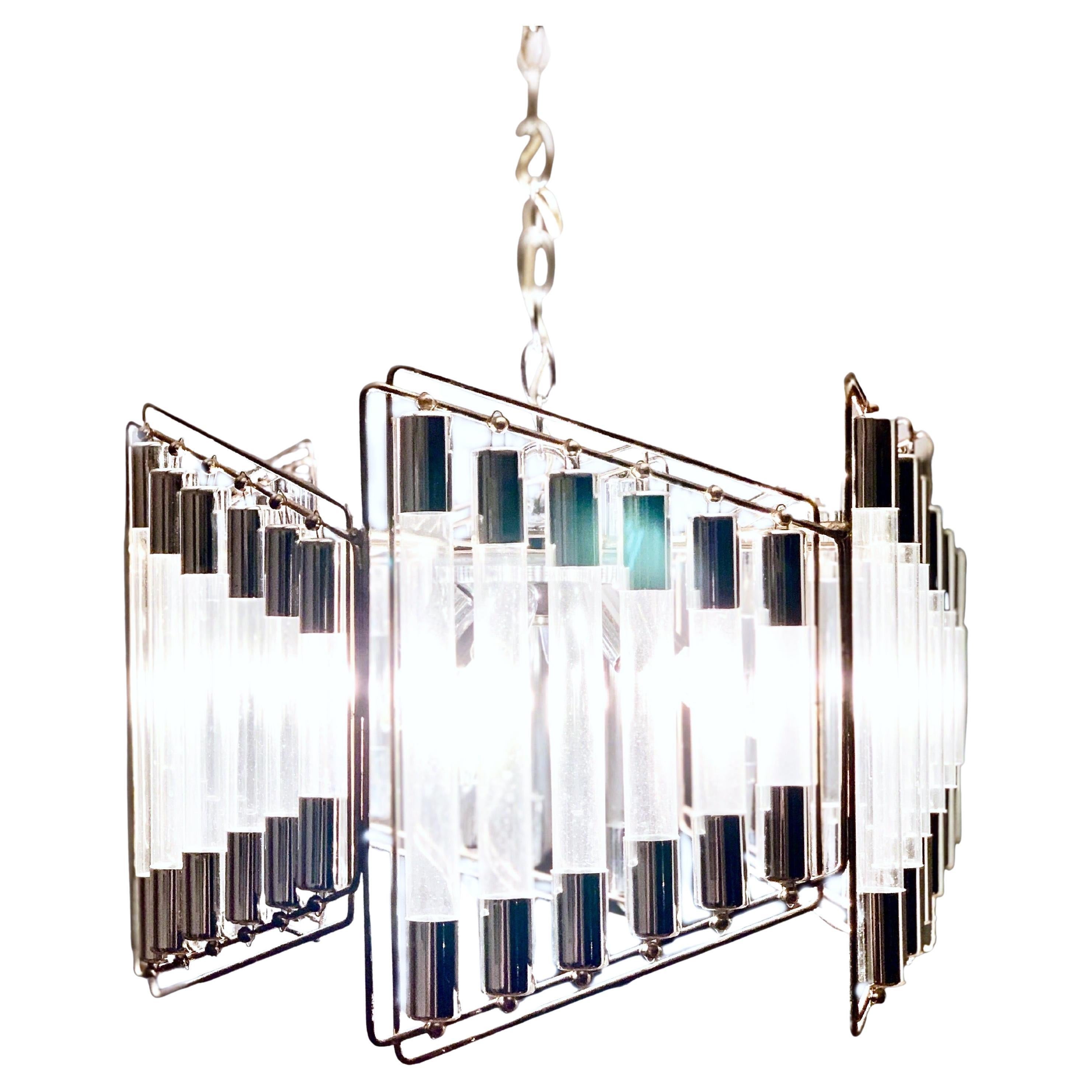Lampadario moderno Sciolari trapezoidale in vetro e acciaio della metà del secolo scorso