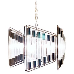 Moderner italienischer Sciolari Trapezförmiger Kronleuchter aus Glas und Stahl aus der Mitte des Jahrhunderts