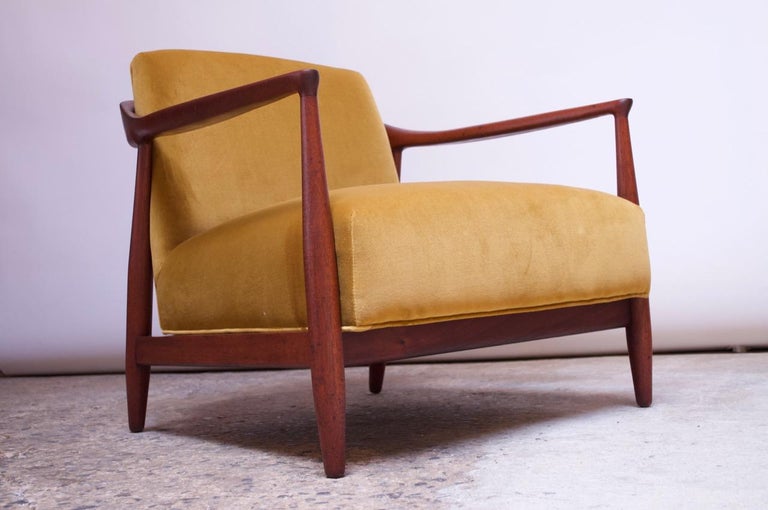 Midcentury Italian Modern Sculpted Walnut and Ochre Velvet Lounge Chair