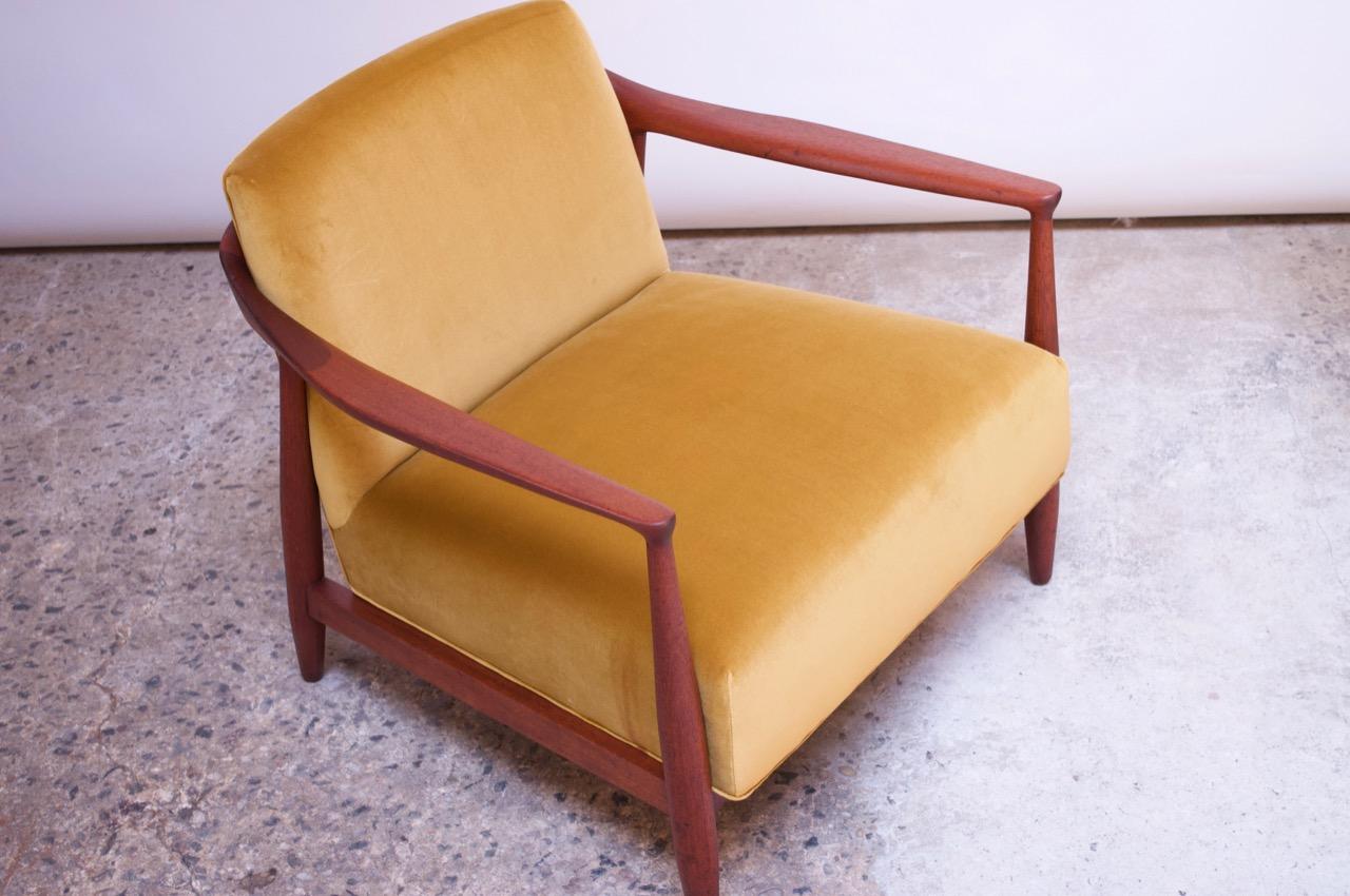 Mid-Century Modern Midcentury Italian Modern Sculpted Walnut and Ochre Velvet Lounge Chair