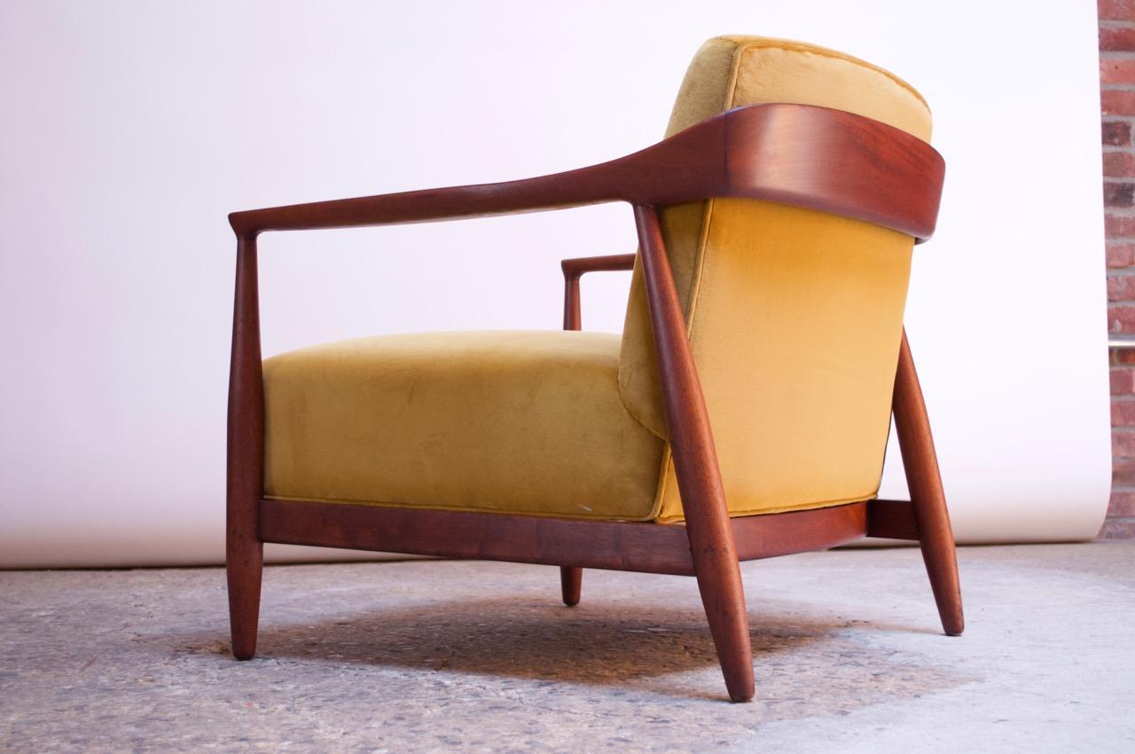 Midcentury Italian Modern Sculpted Walnut and Ochre Velvet Lounge Chair In Good Condition In Brooklyn, NY