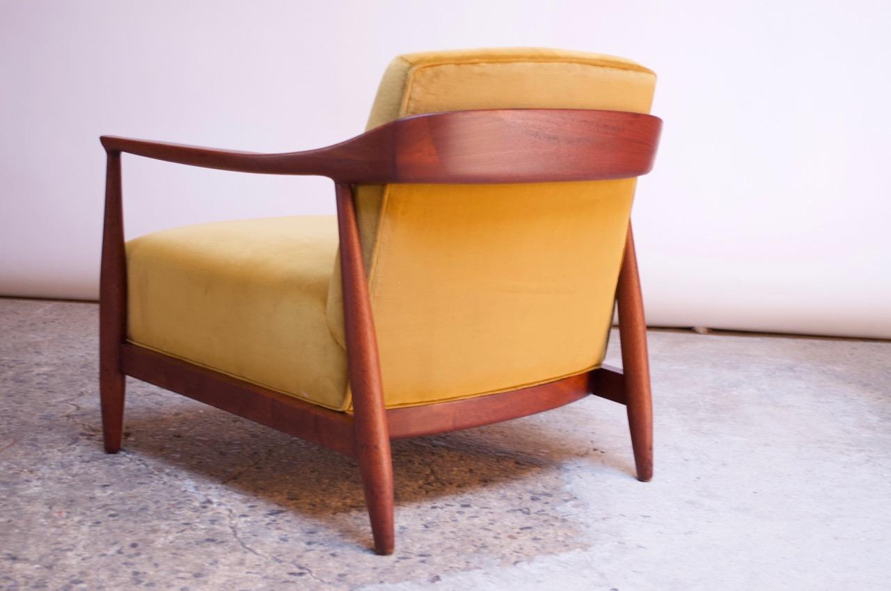 Mid-20th Century Midcentury Italian Modern Sculpted Walnut and Ochre Velvet Lounge Chair