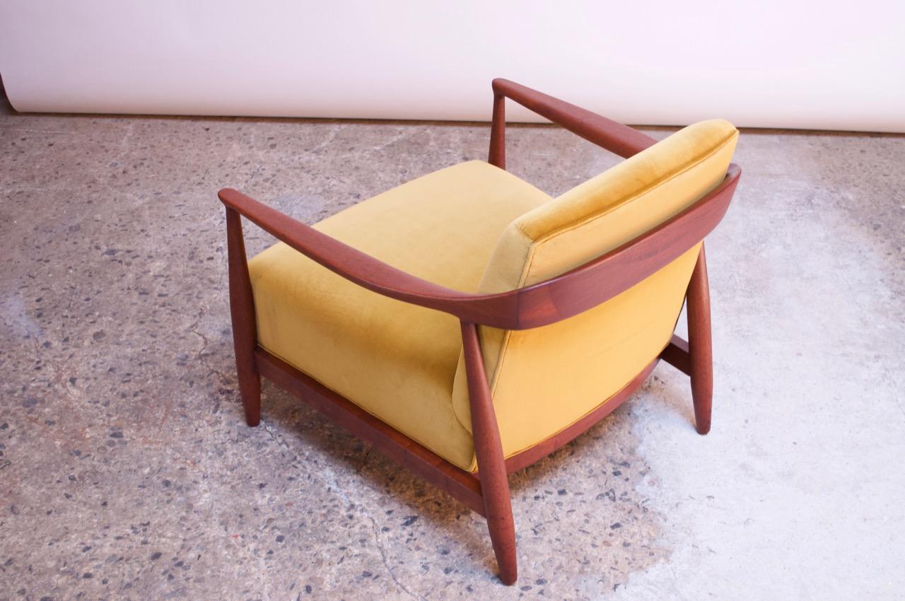 Midcentury Italian Modern Sculpted Walnut and Ochre Velvet Lounge Chair 1